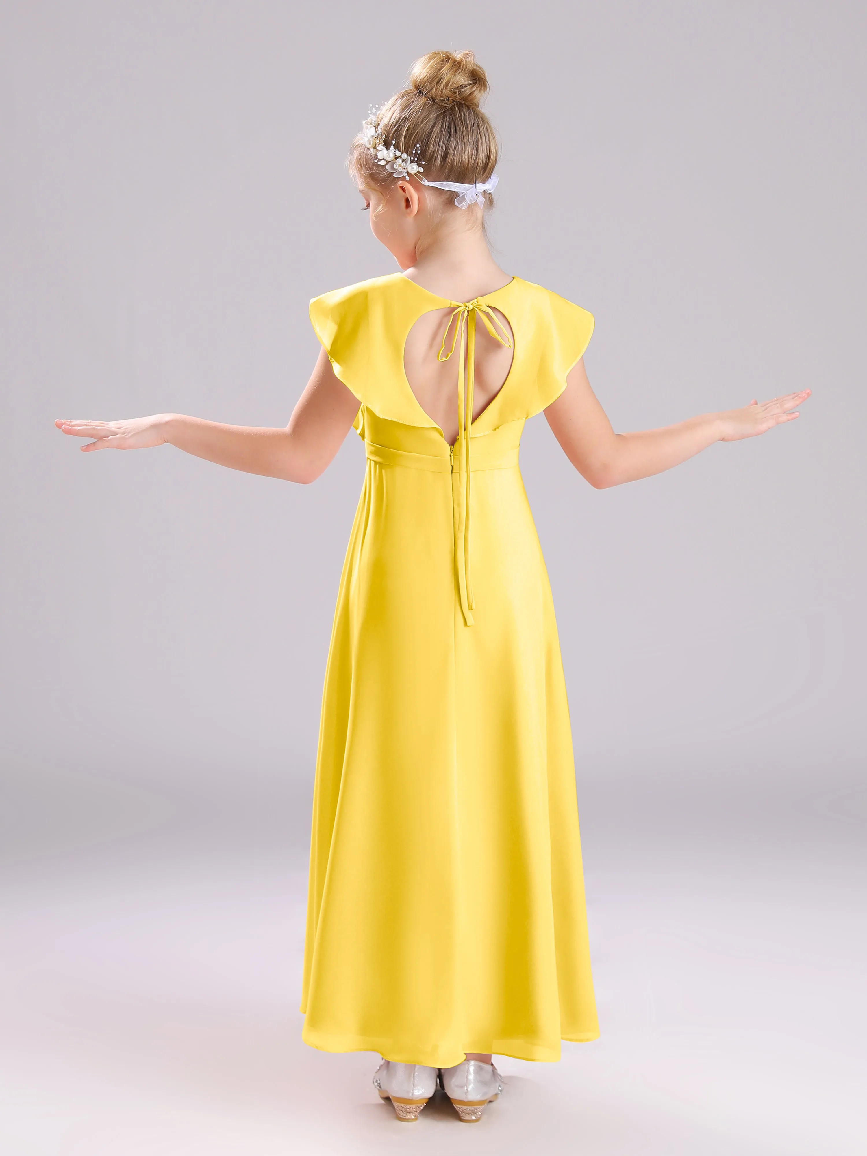 Cap Sleeves V-Neck Open Back Chiffon Junior Bridesmaid Dresses