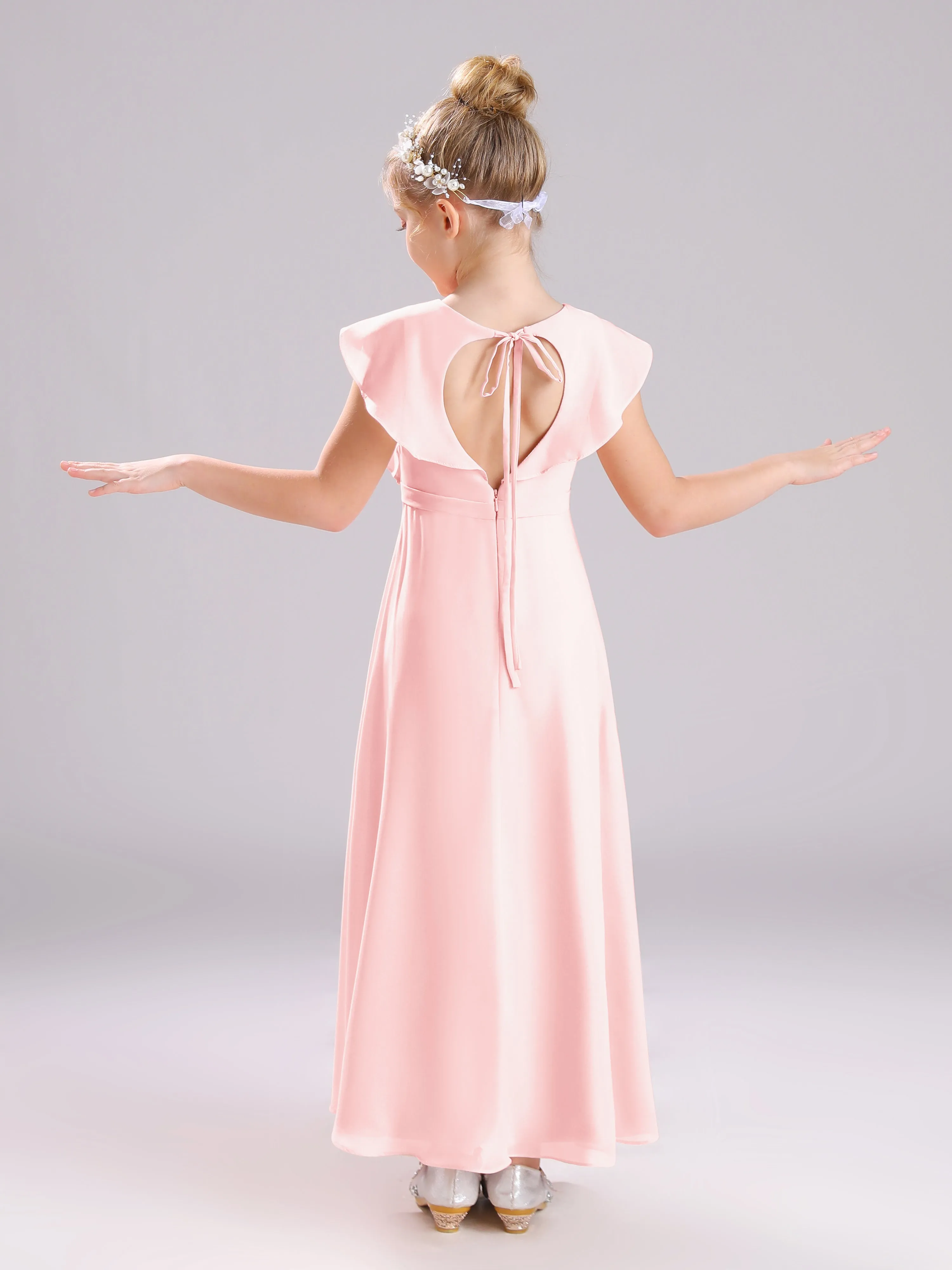 Cap Sleeves V-Neck Open Back Chiffon Junior Bridesmaid Dresses