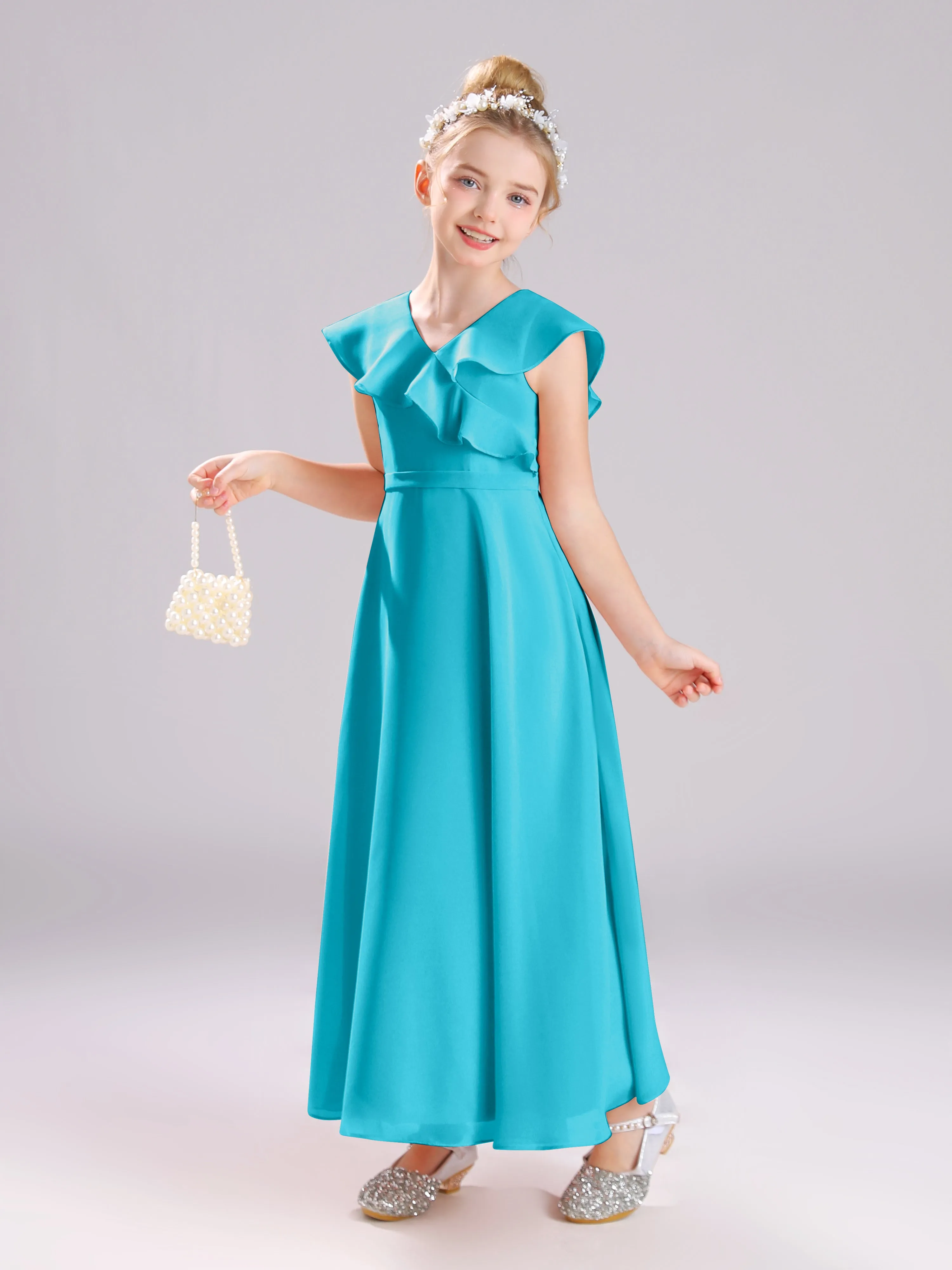 Cap Sleeves V-Neck Open Back Chiffon Junior Bridesmaid Dresses