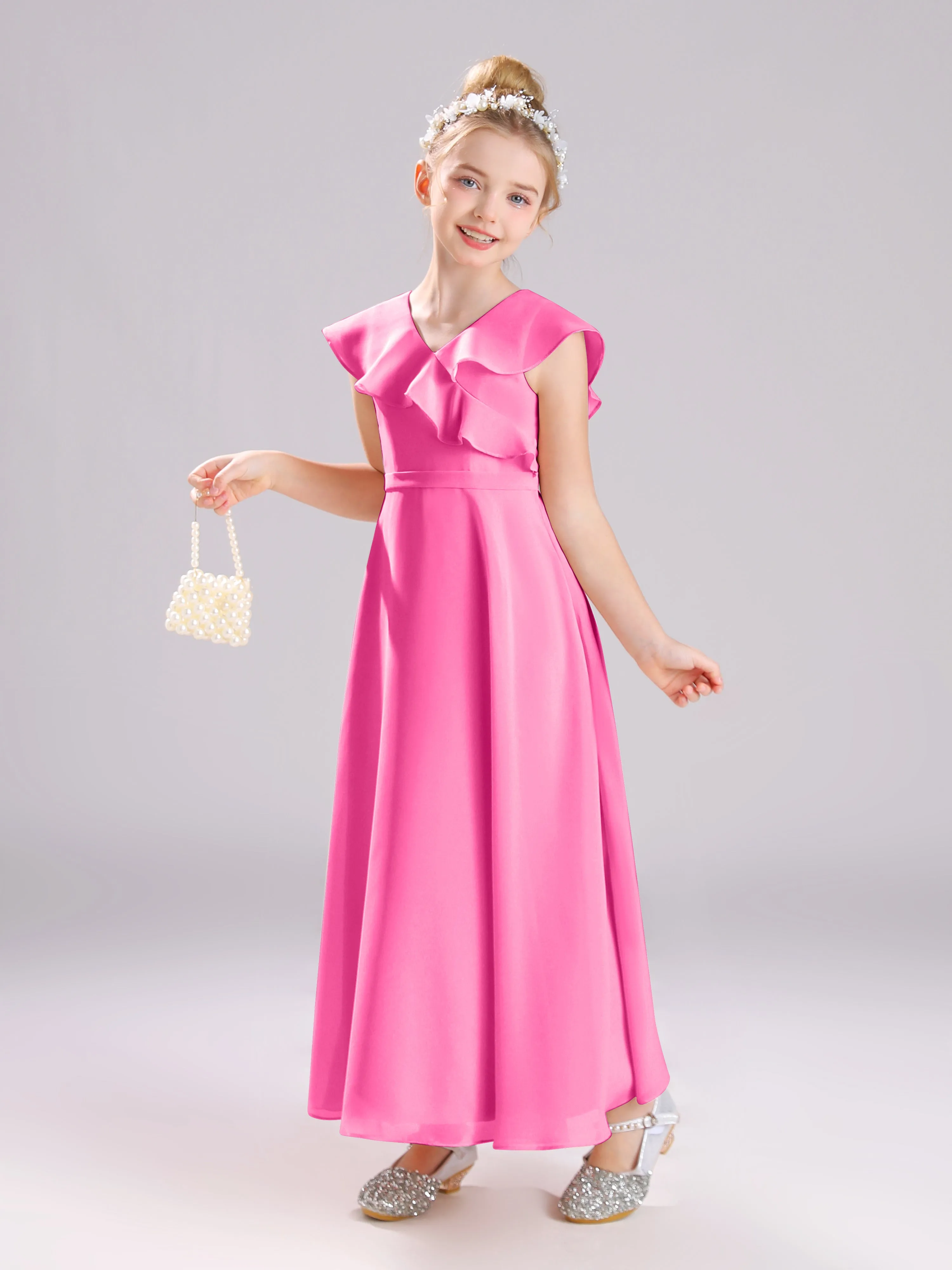 Cap Sleeves V-Neck Open Back Chiffon Junior Bridesmaid Dresses
