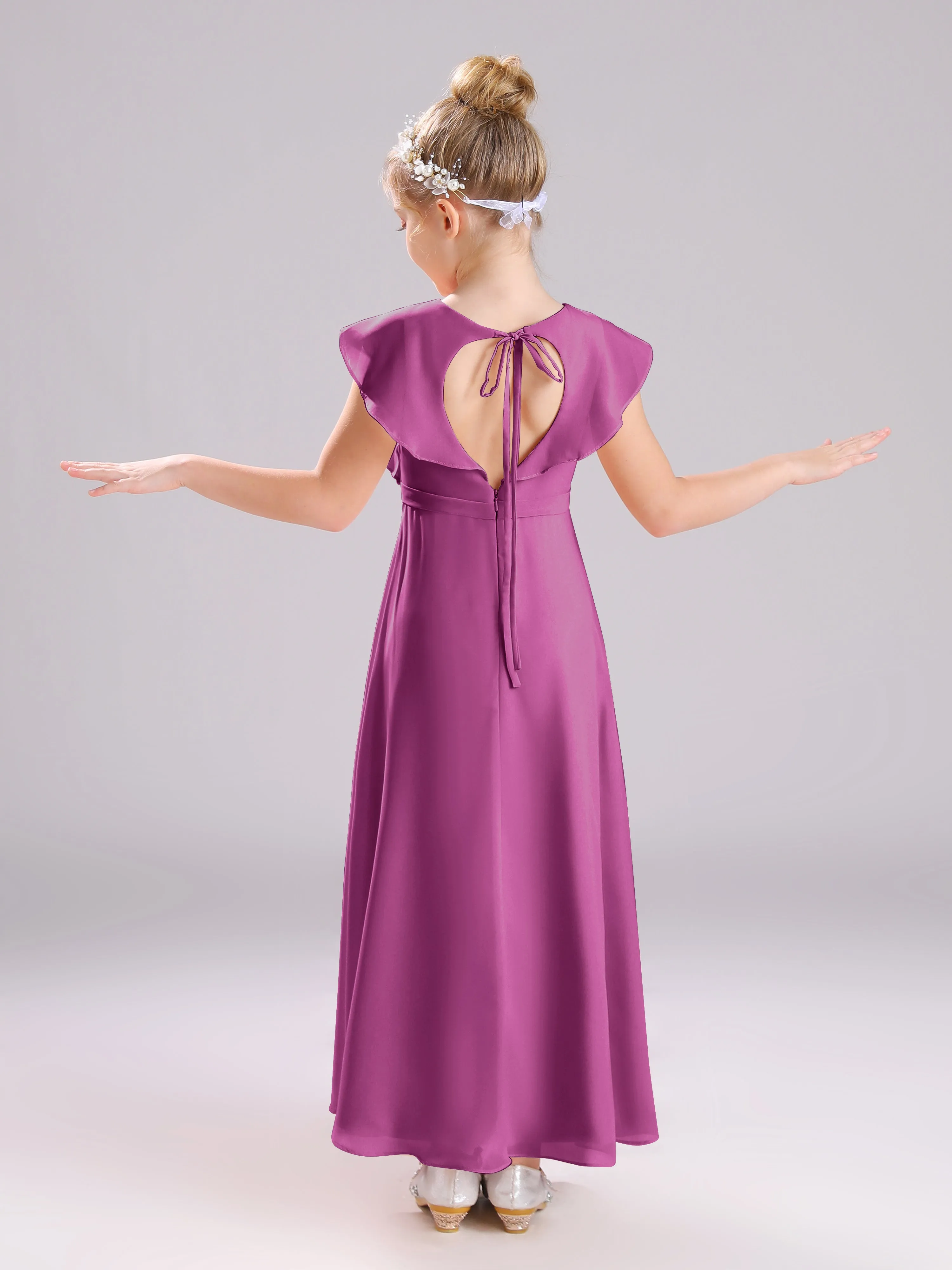 Cap Sleeves V-Neck Open Back Chiffon Junior Bridesmaid Dresses