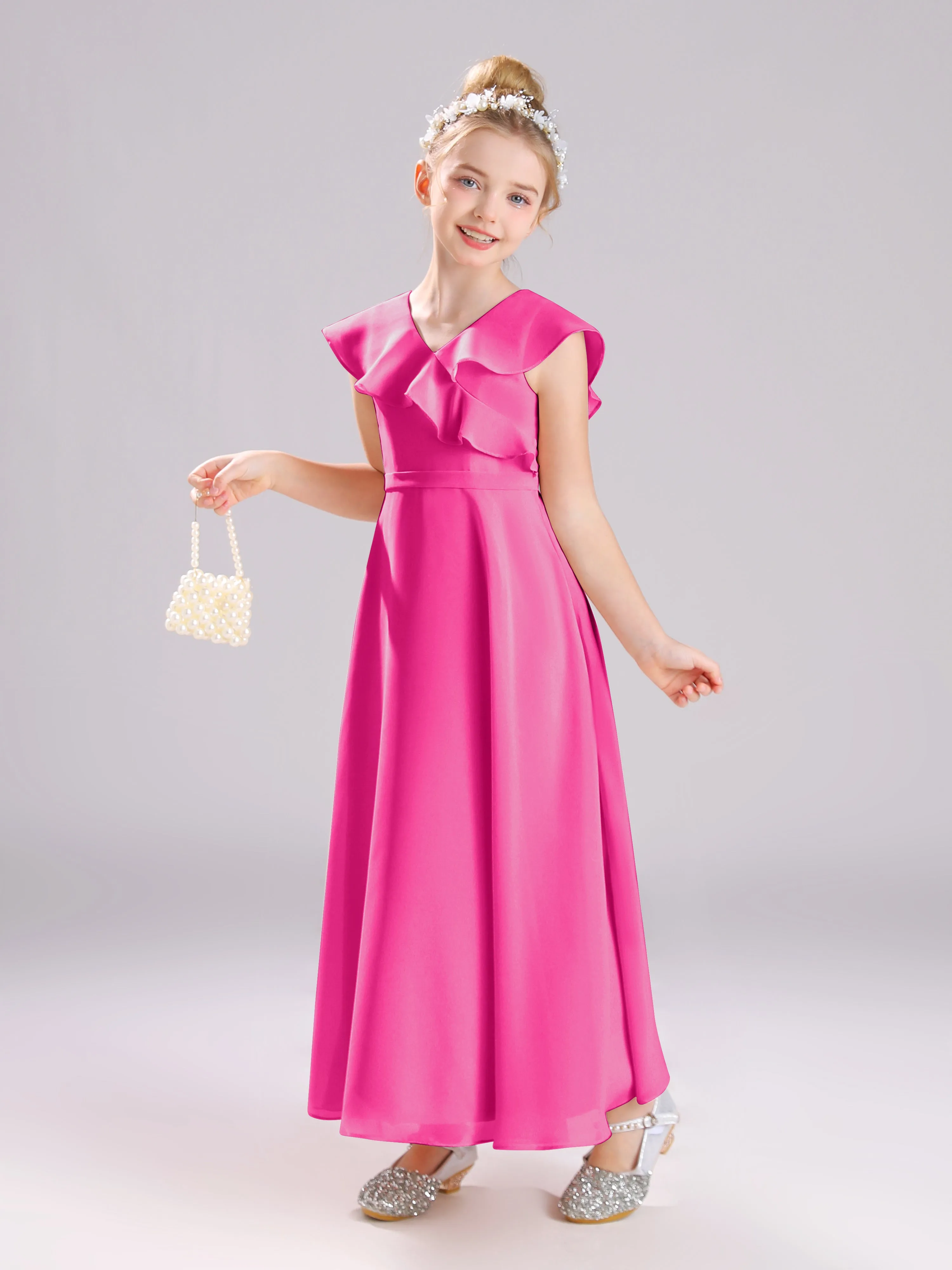 Cap Sleeves V-Neck Open Back Chiffon Junior Bridesmaid Dresses
