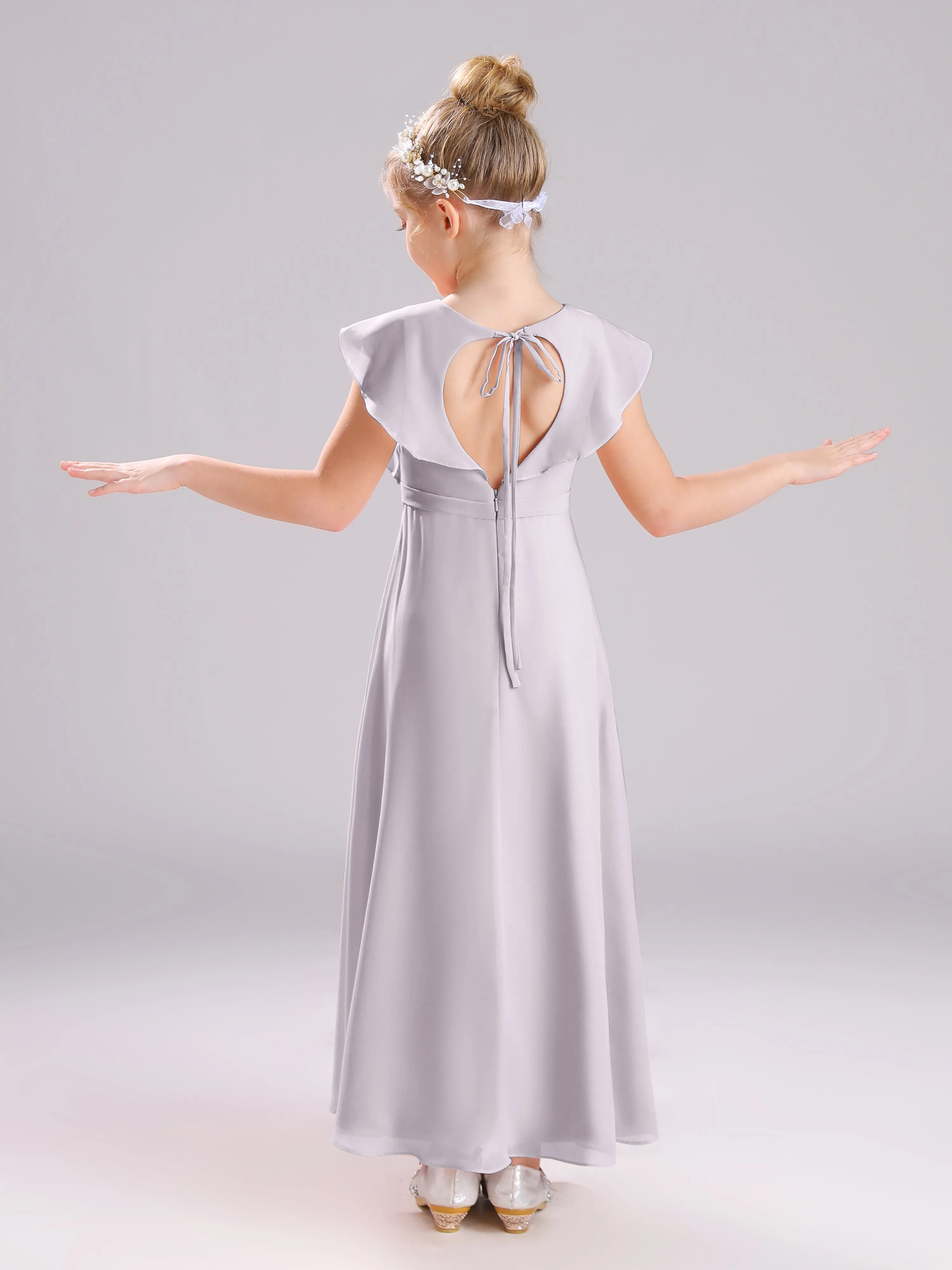 Cap Sleeves V-Neck Open Back Chiffon Junior Bridesmaid Dresses