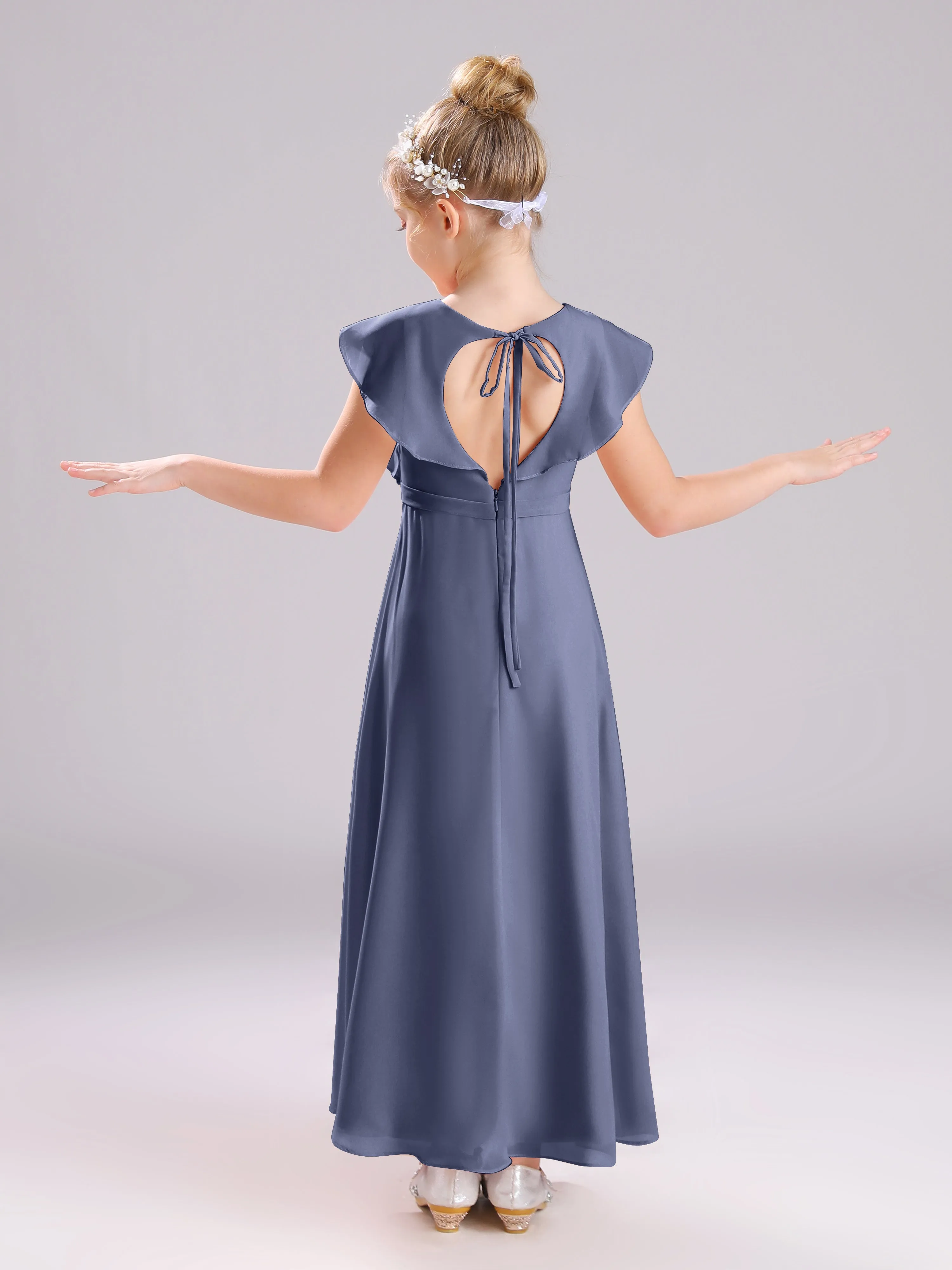 Cap Sleeves V-Neck Open Back Chiffon Junior Bridesmaid Dresses