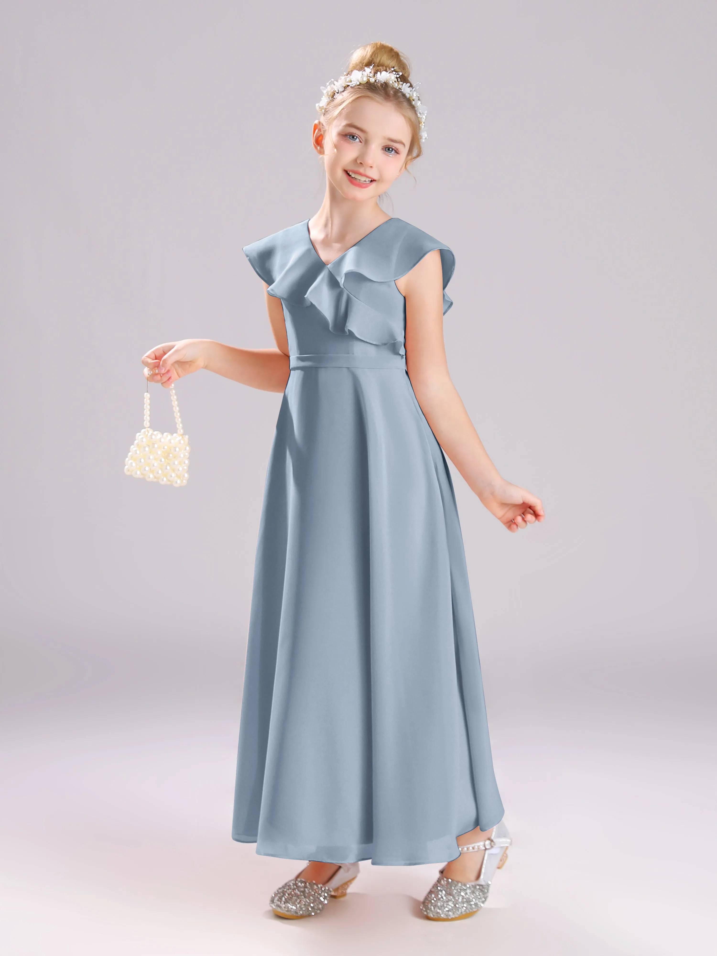 Cap Sleeves V-Neck Open Back Chiffon Junior Bridesmaid Dresses
