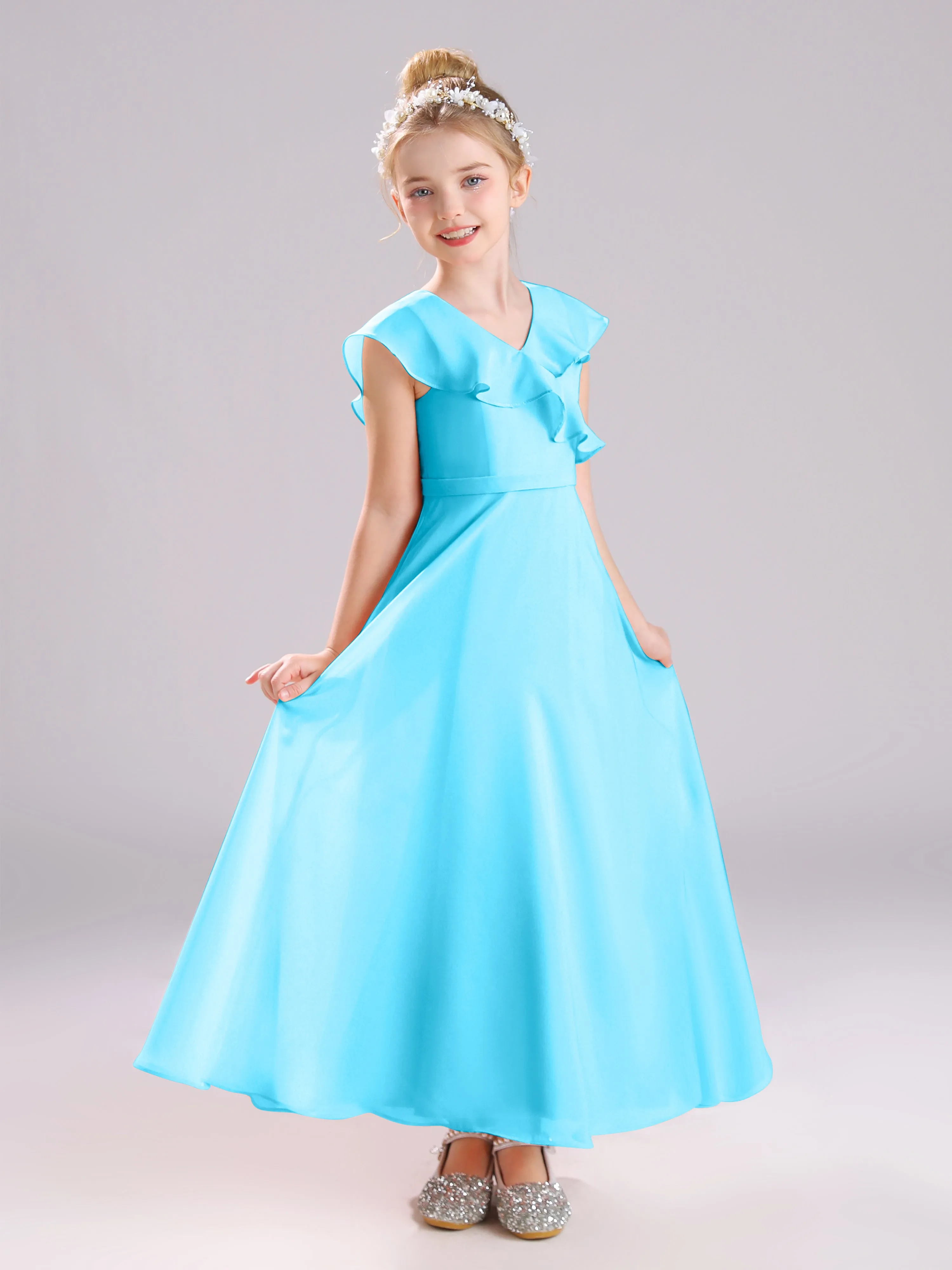 Cap Sleeves V-Neck Open Back Chiffon Junior Bridesmaid Dresses