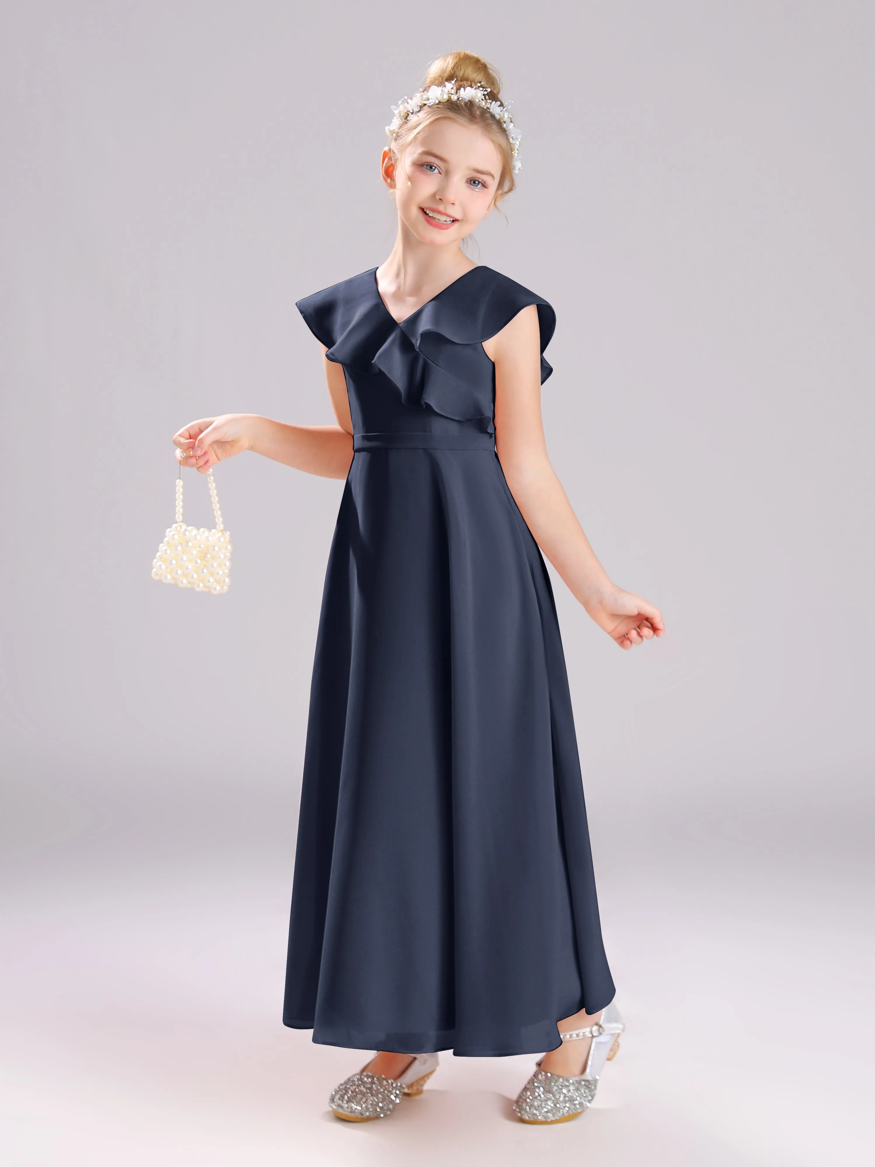 Cap Sleeves V-Neck Open Back Chiffon Junior Bridesmaid Dresses