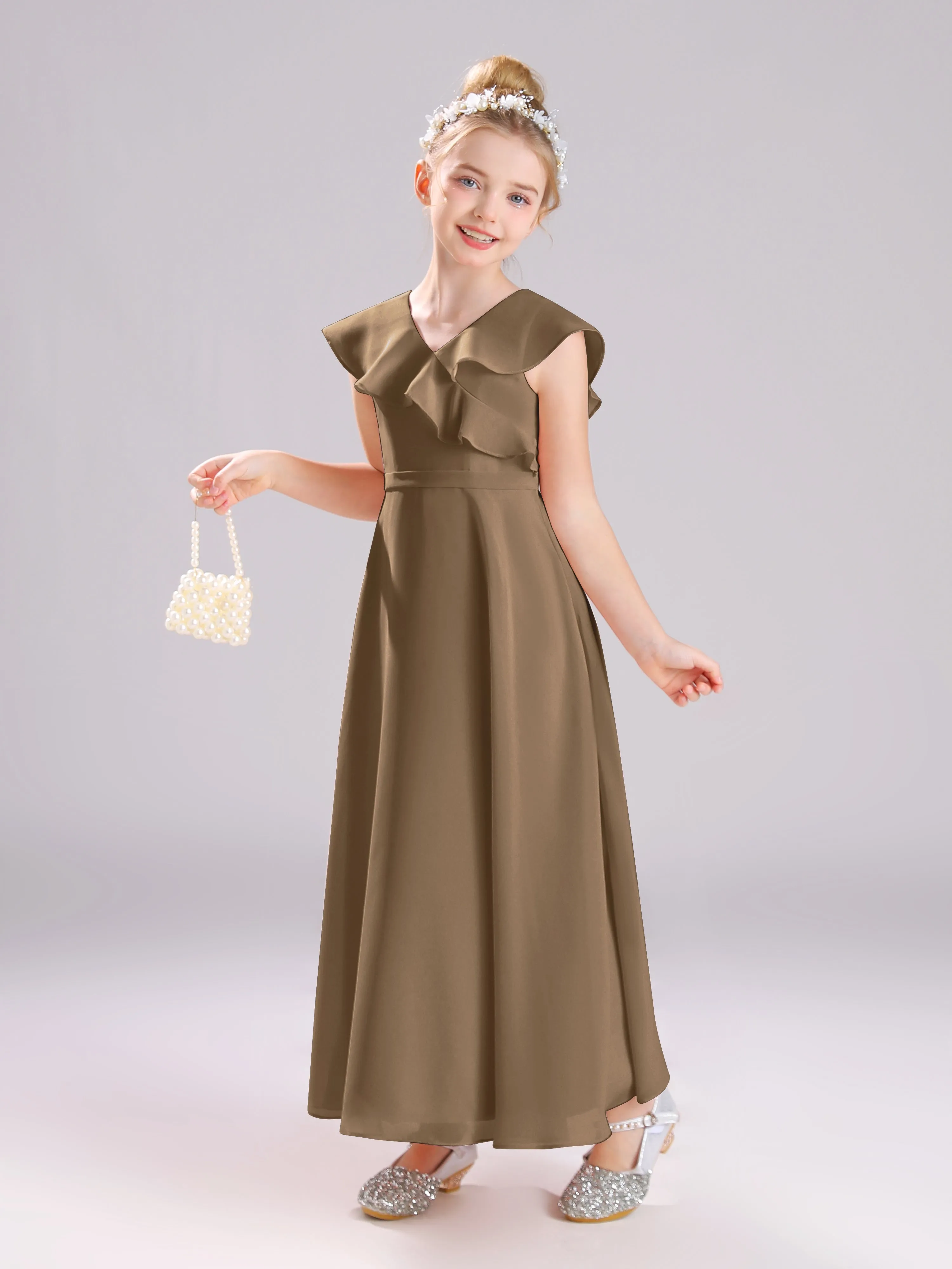Cap Sleeves V-Neck Open Back Chiffon Junior Bridesmaid Dresses