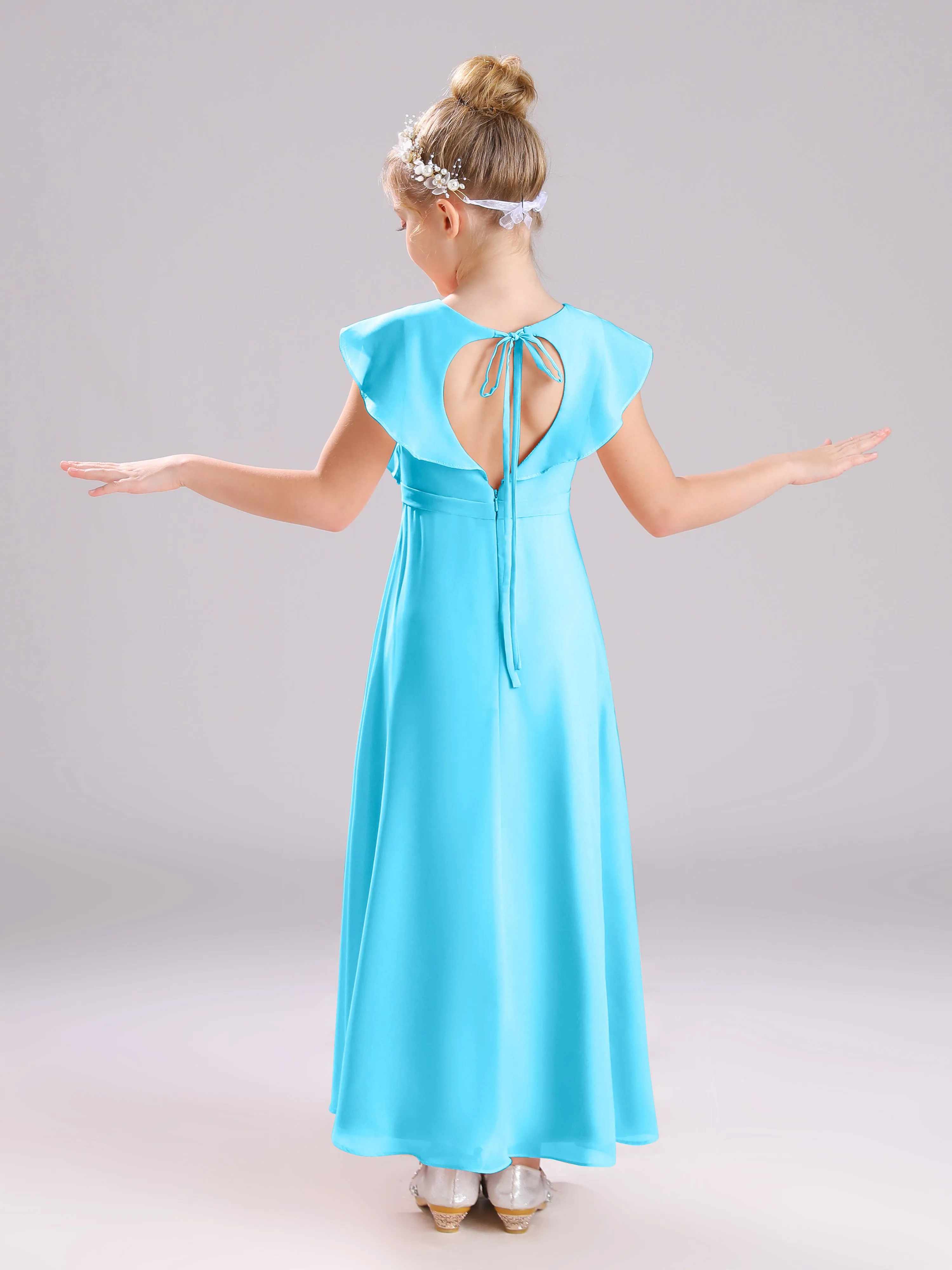 Cap Sleeves V-Neck Open Back Chiffon Junior Bridesmaid Dresses