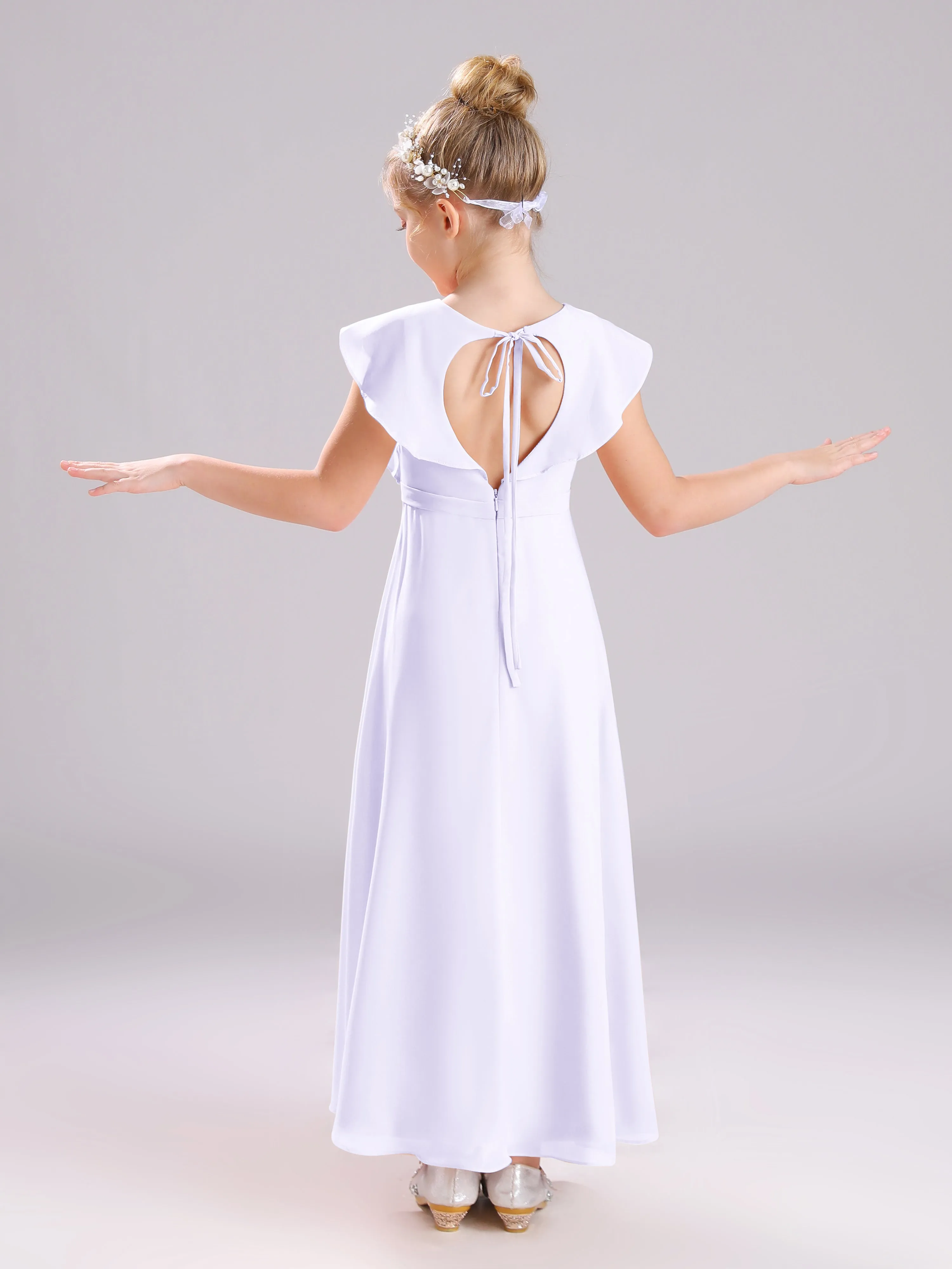 Cap Sleeves V-Neck Open Back Chiffon Junior Bridesmaid Dresses