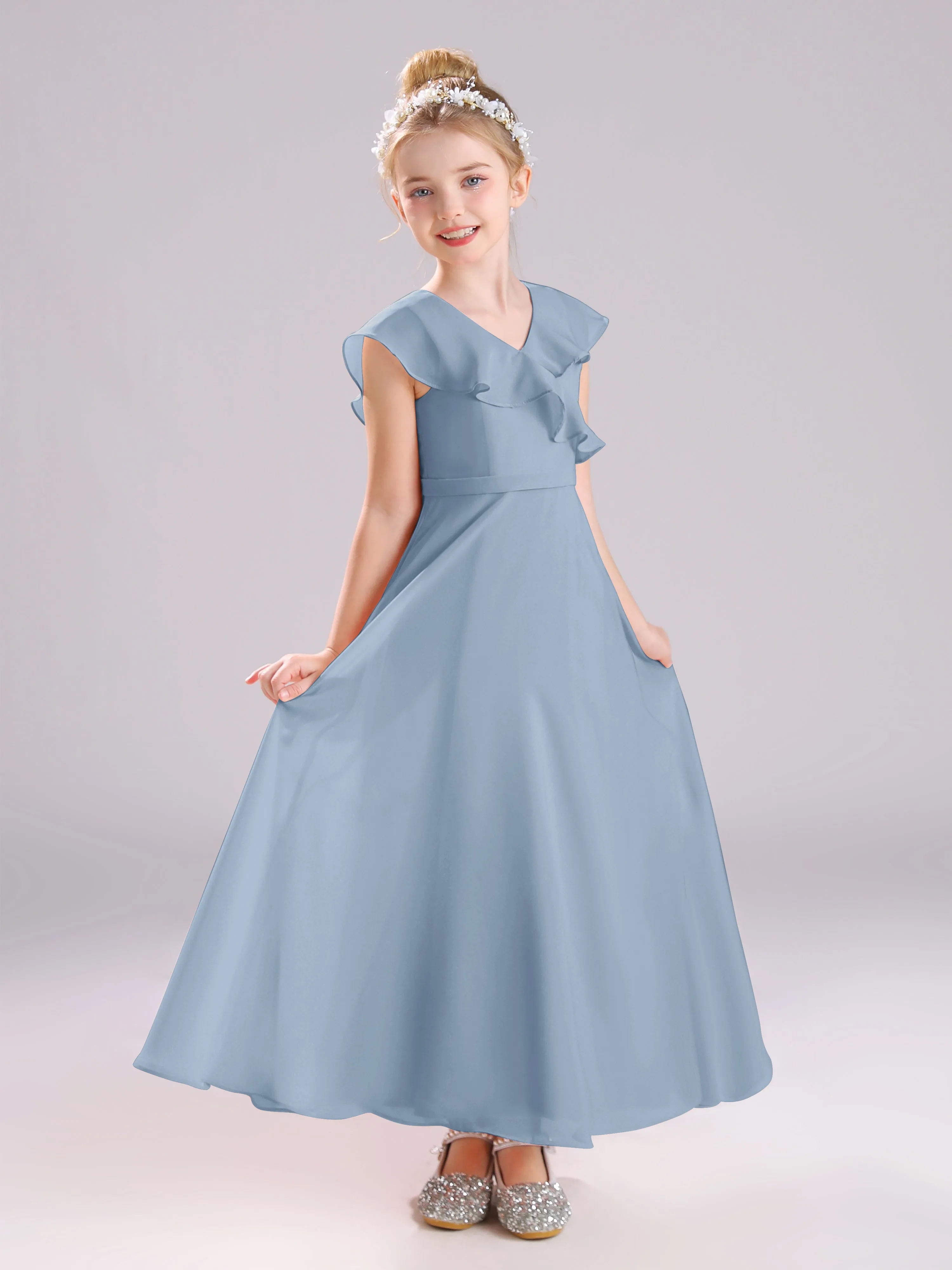 Cap Sleeves V-Neck Open Back Chiffon Junior Bridesmaid Dresses