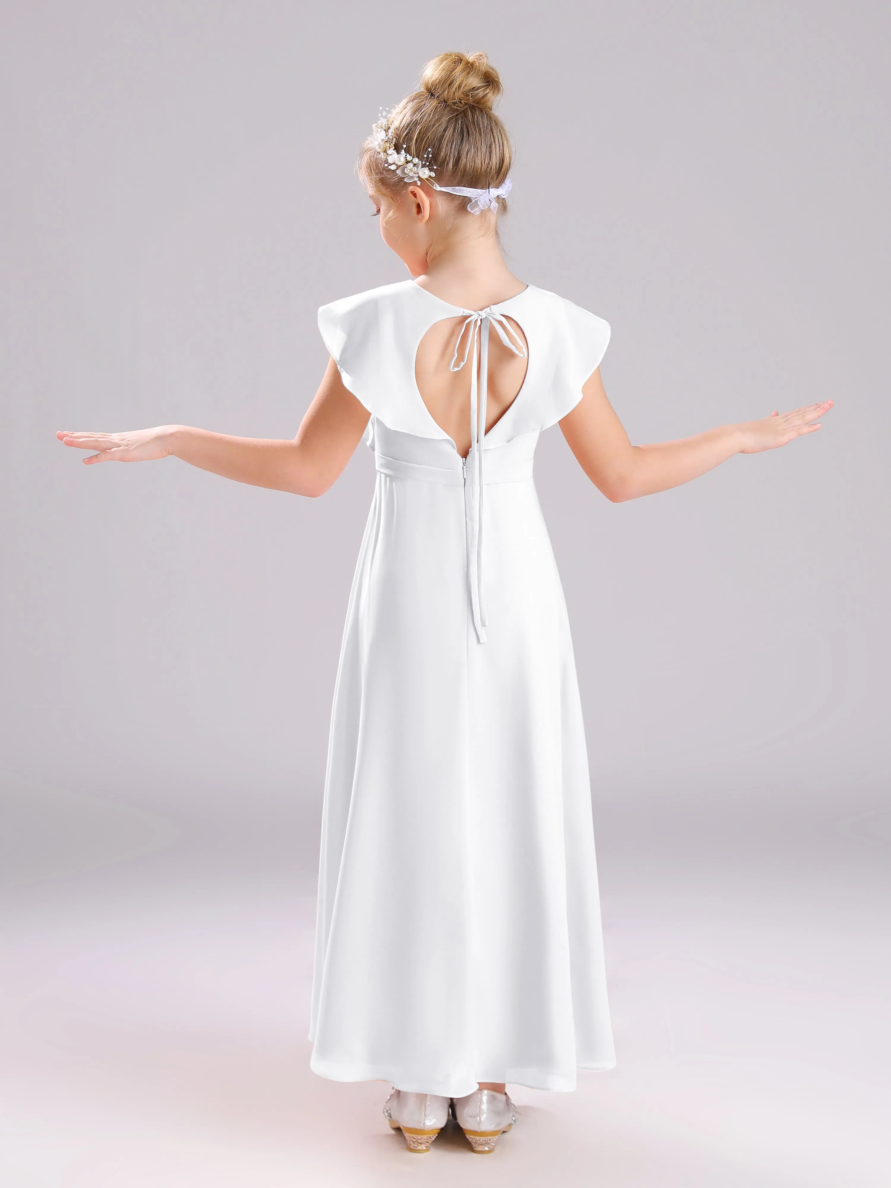Cap Sleeves V-Neck Open Back Chiffon Junior Bridesmaid Dresses