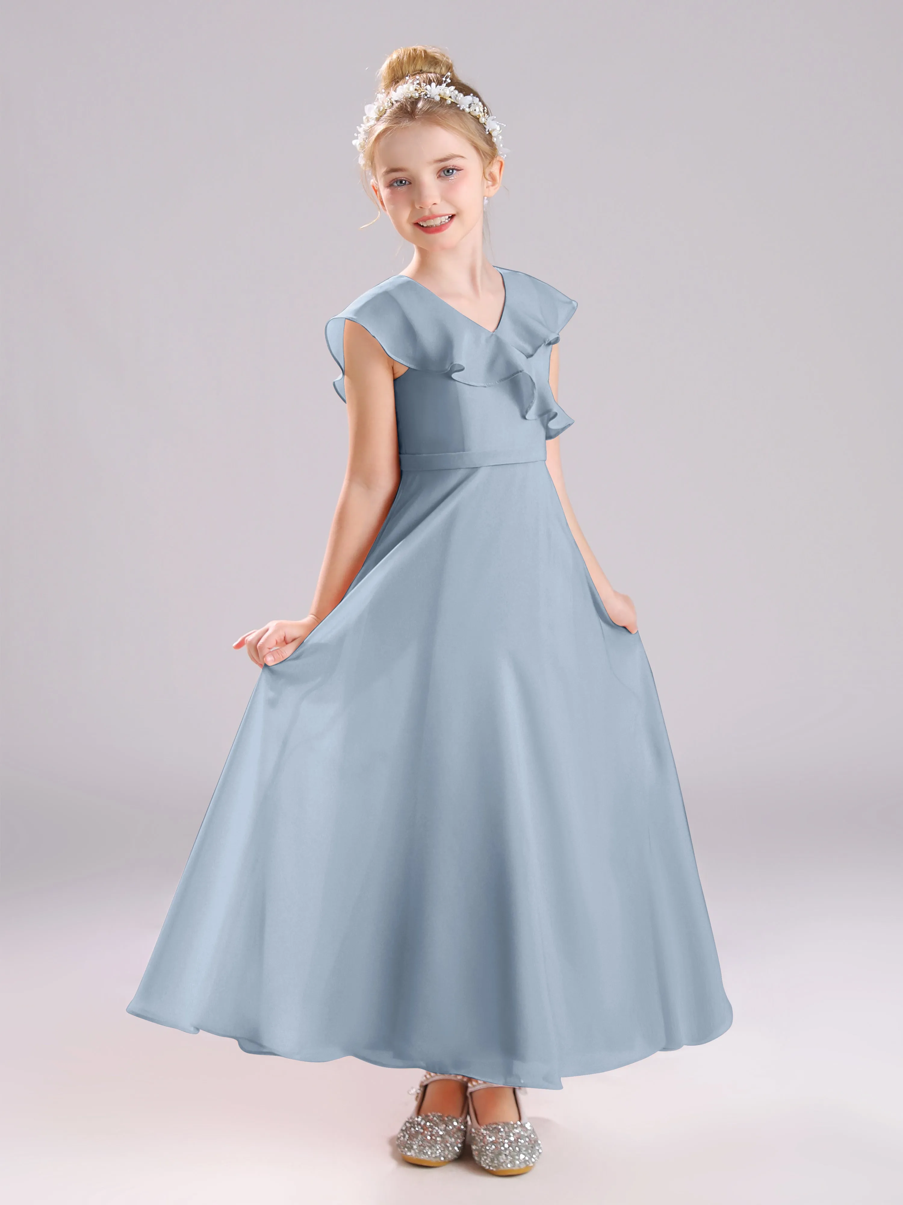 Cap Sleeves V-Neck Open Back Chiffon Junior Bridesmaid Dresses