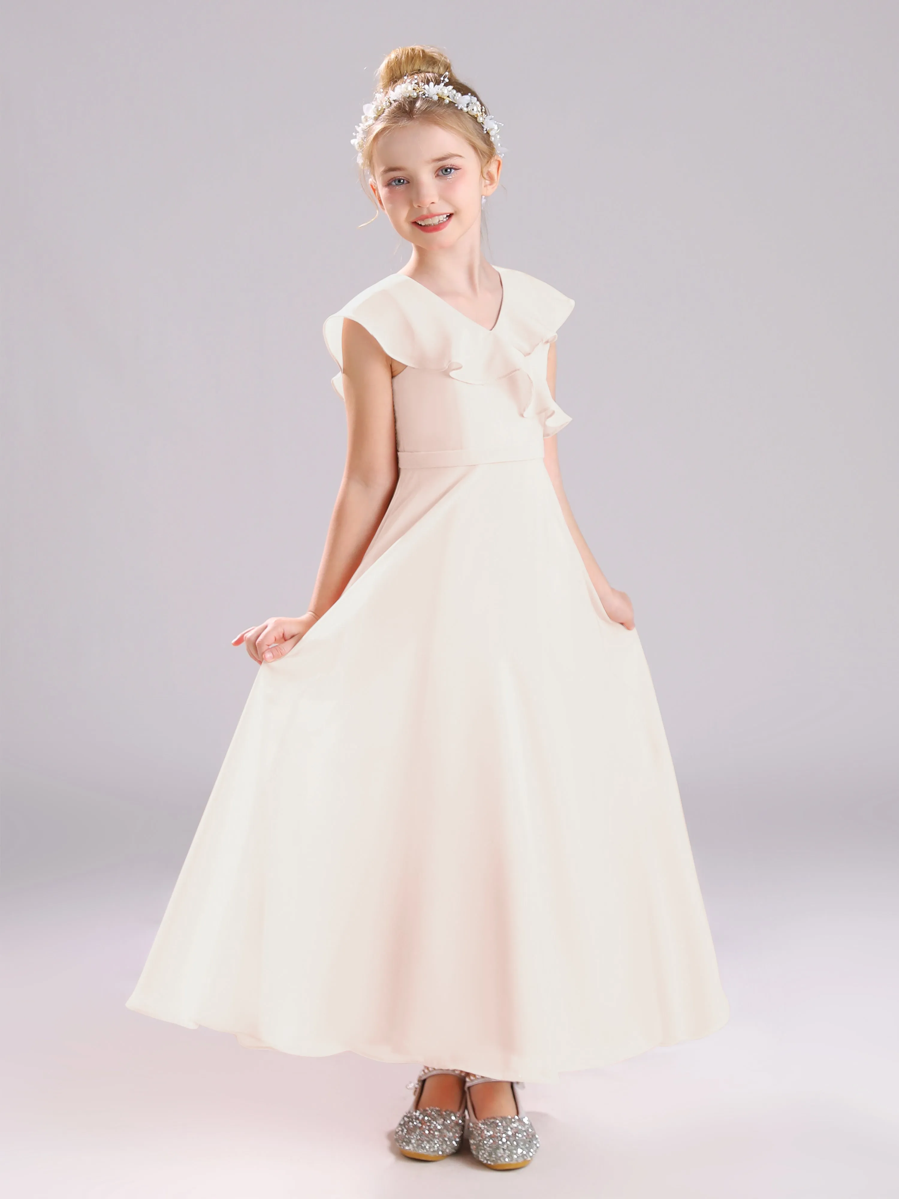 Cap Sleeves V-Neck Open Back Chiffon Junior Bridesmaid Dresses