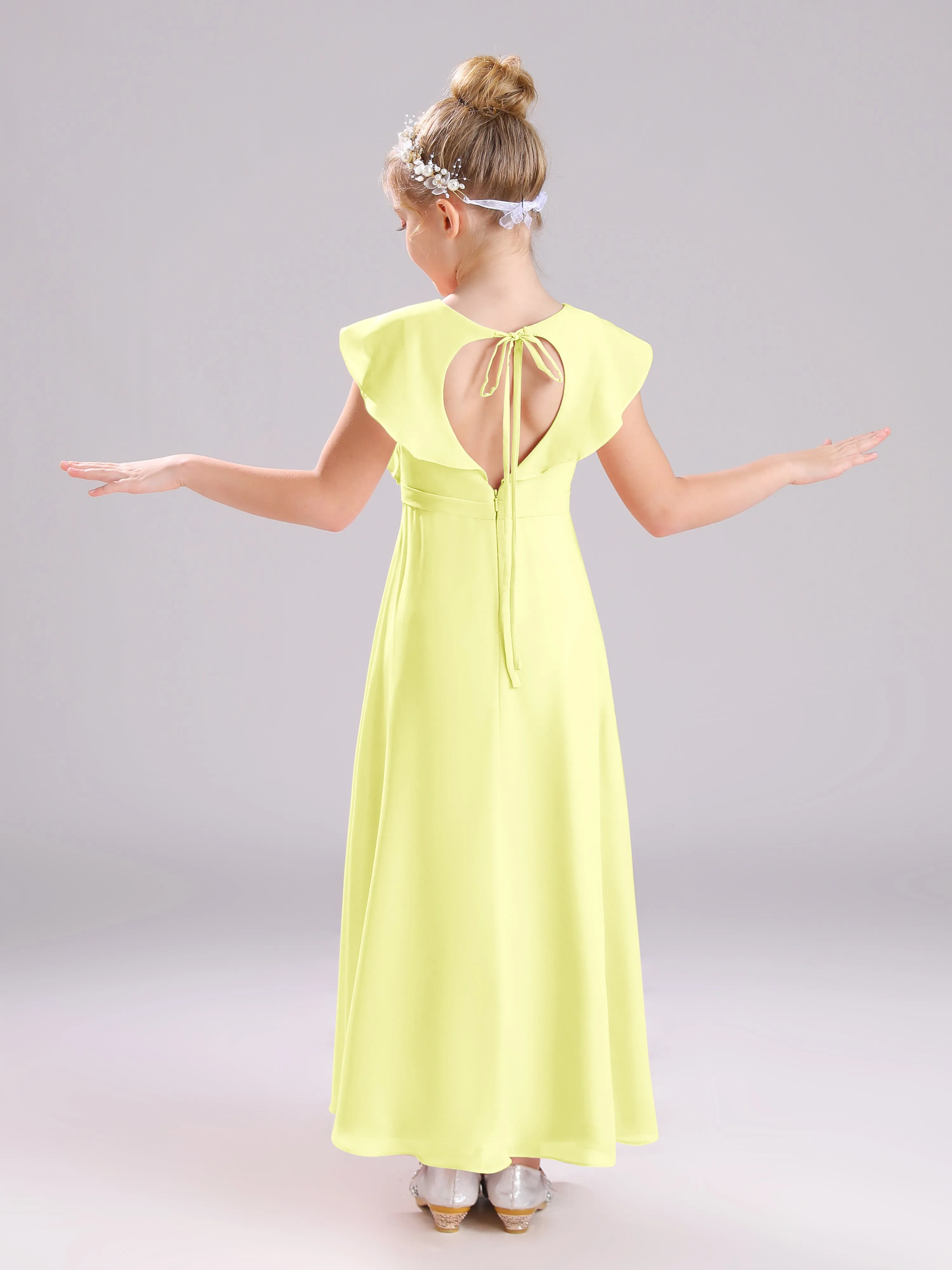 Cap Sleeves V-Neck Open Back Chiffon Junior Bridesmaid Dresses