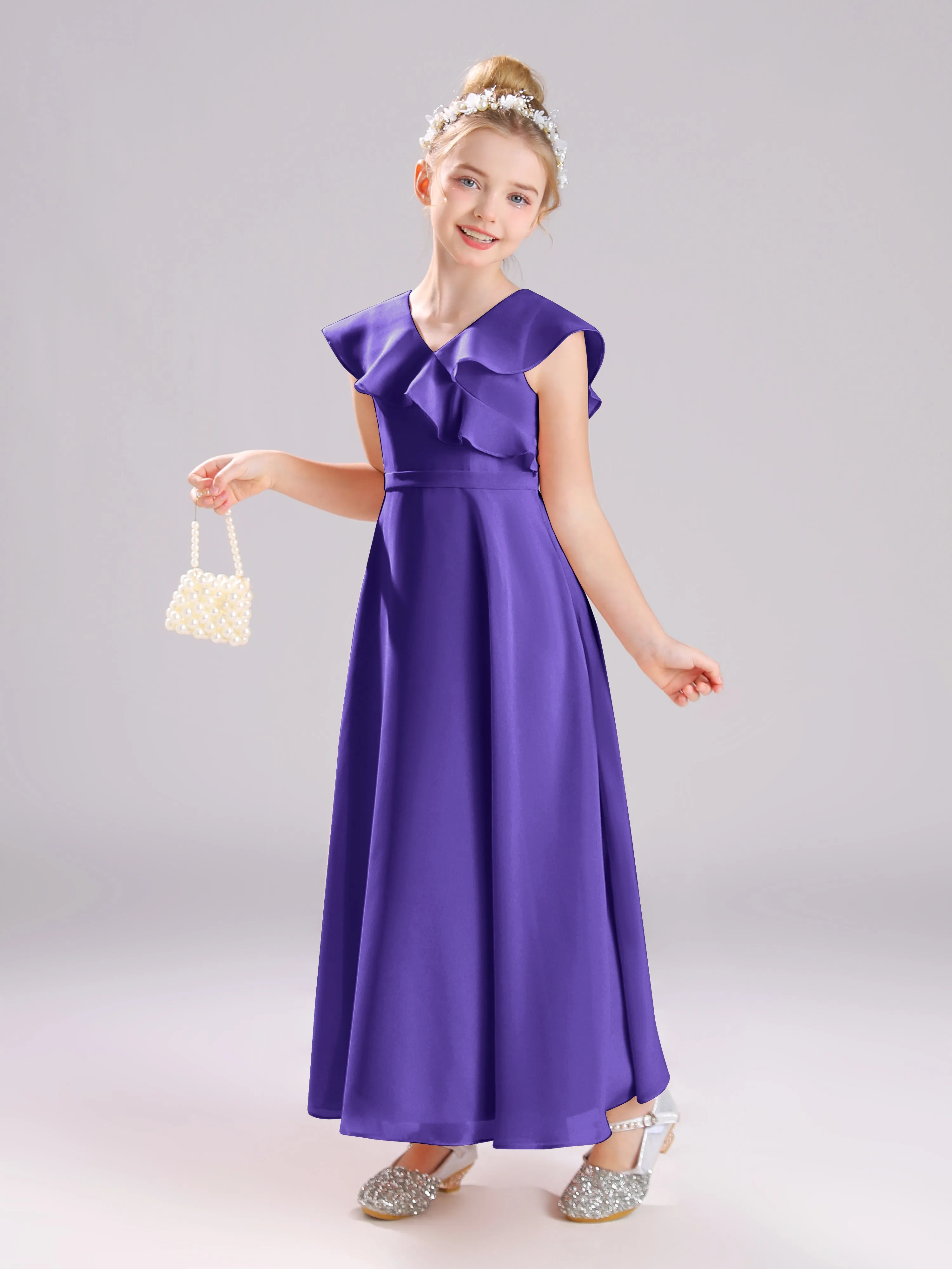 Cap Sleeves V-Neck Open Back Chiffon Junior Bridesmaid Dresses