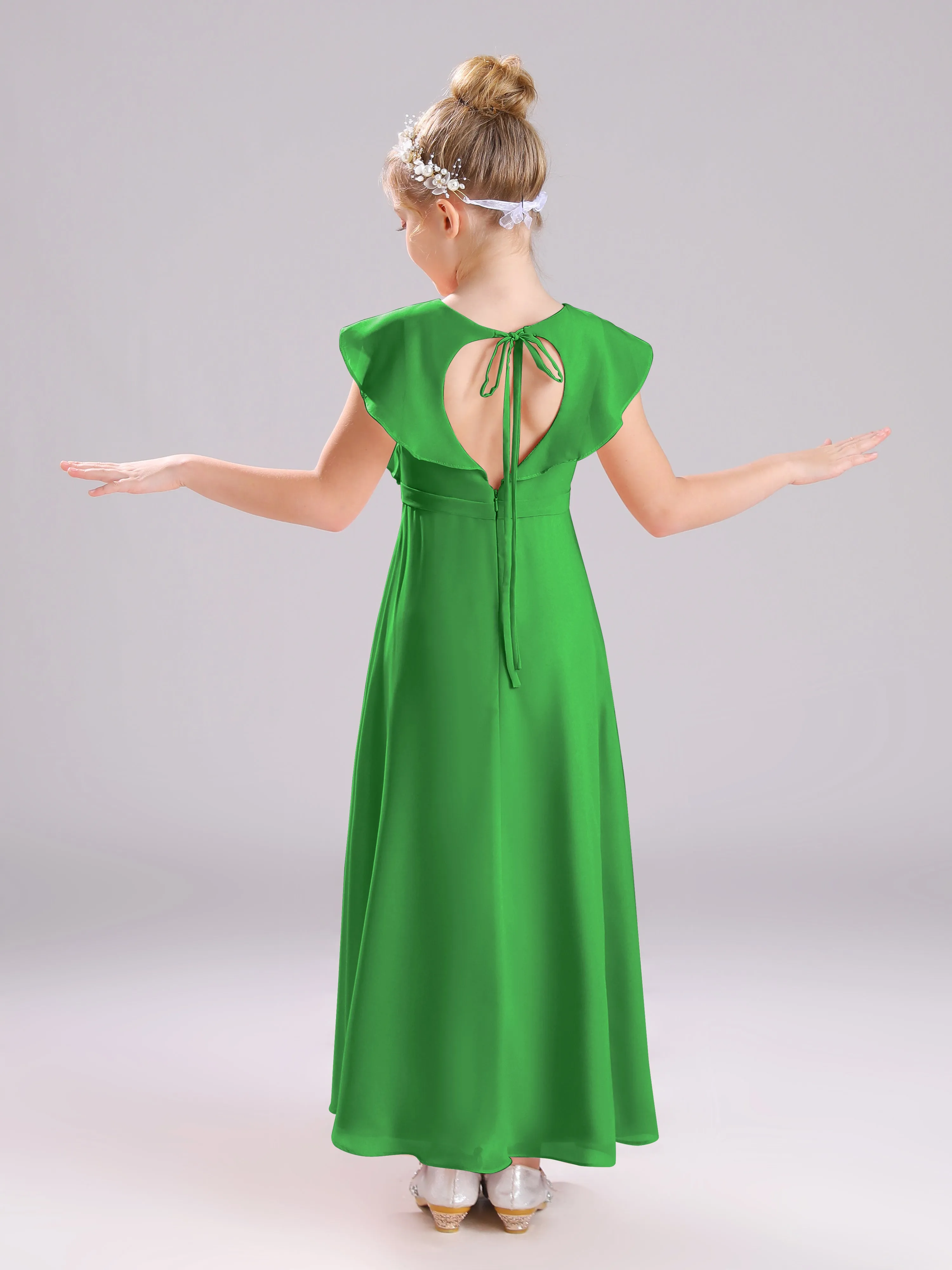 Cap Sleeves V-Neck Open Back Chiffon Junior Bridesmaid Dresses