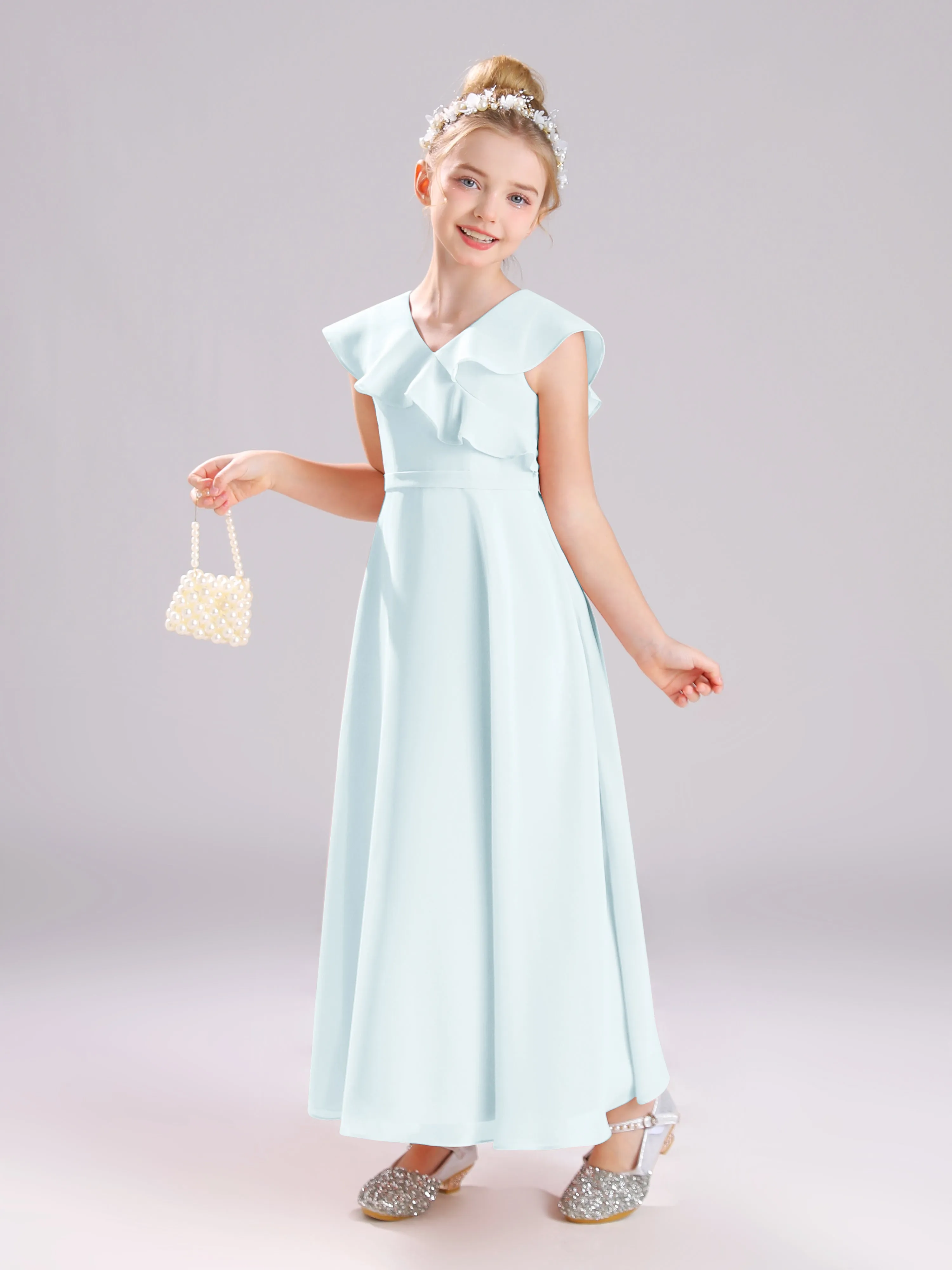 Cap Sleeves V-Neck Open Back Chiffon Junior Bridesmaid Dresses