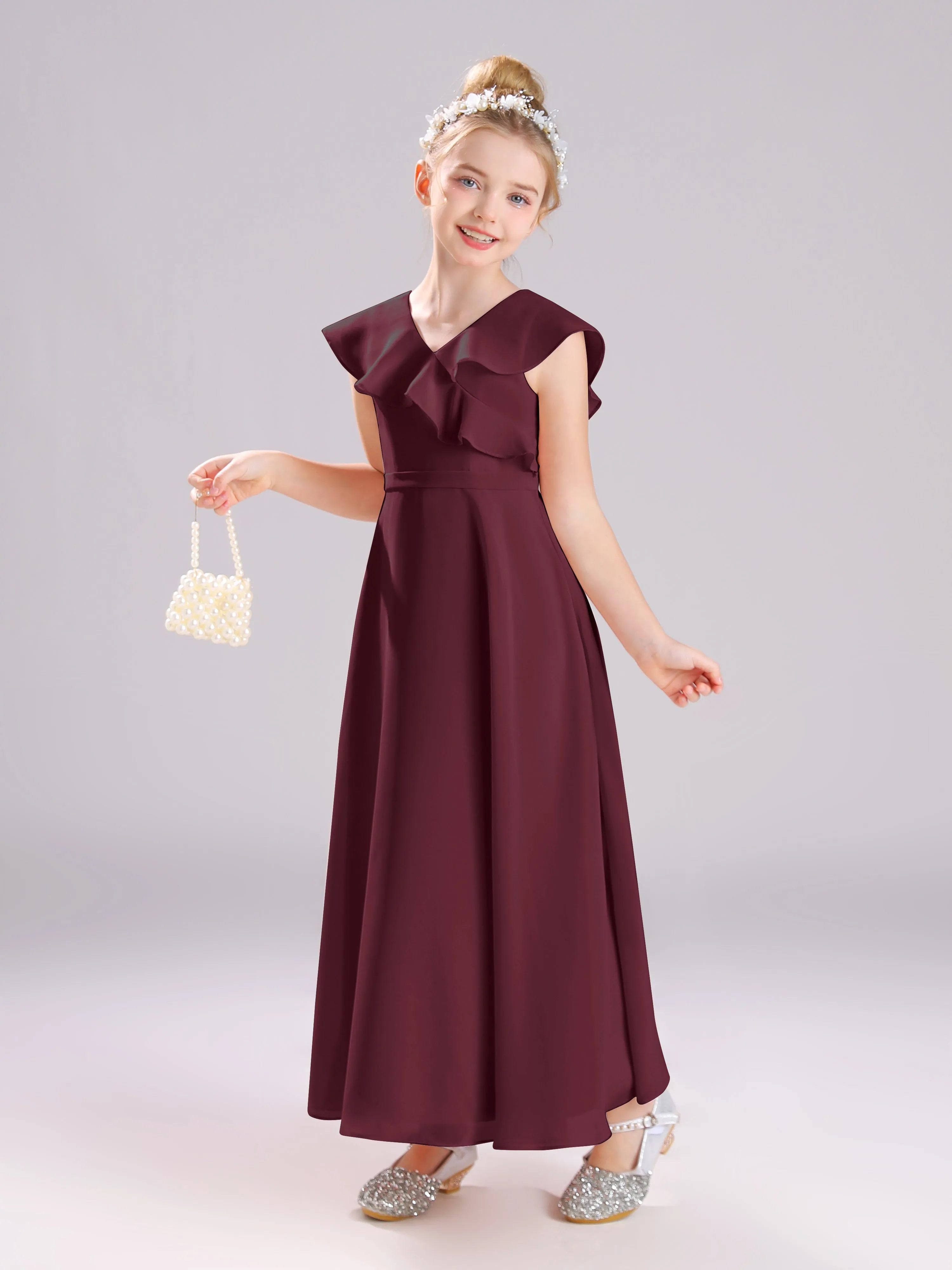 Cap Sleeves V-Neck Open Back Chiffon Junior Bridesmaid Dresses