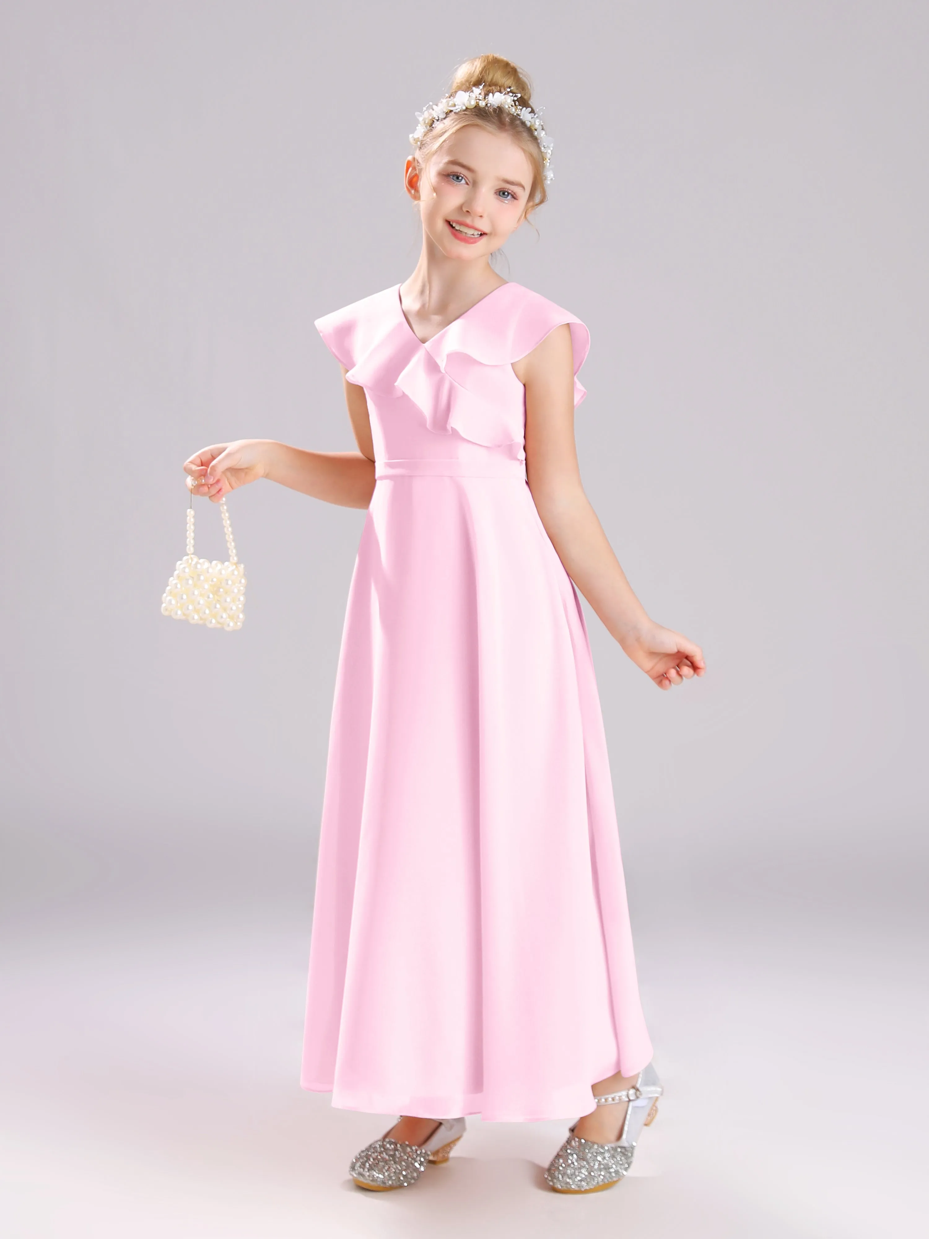 Cap Sleeves V-Neck Open Back Chiffon Junior Bridesmaid Dresses