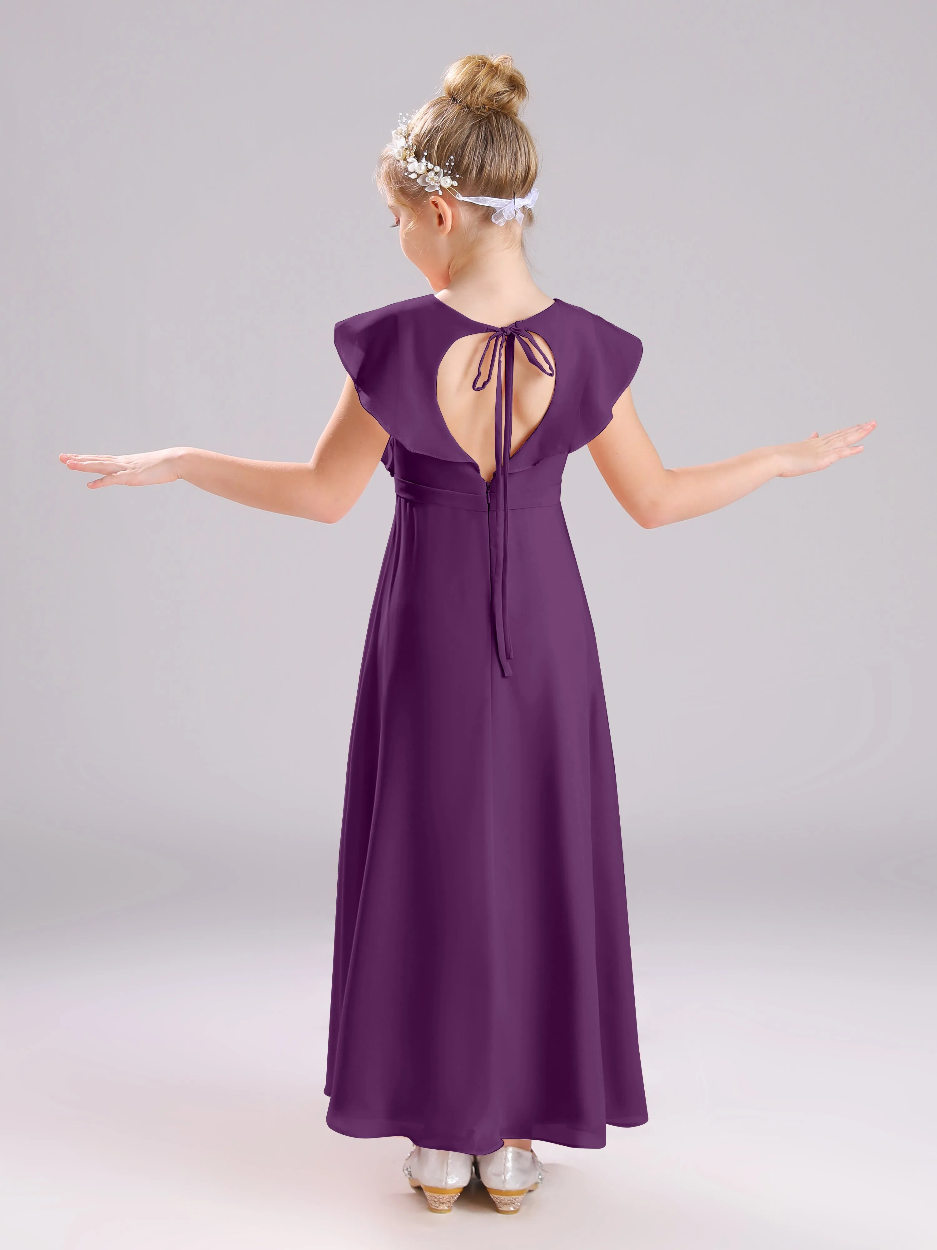 Cap Sleeves V-Neck Open Back Chiffon Junior Bridesmaid Dresses