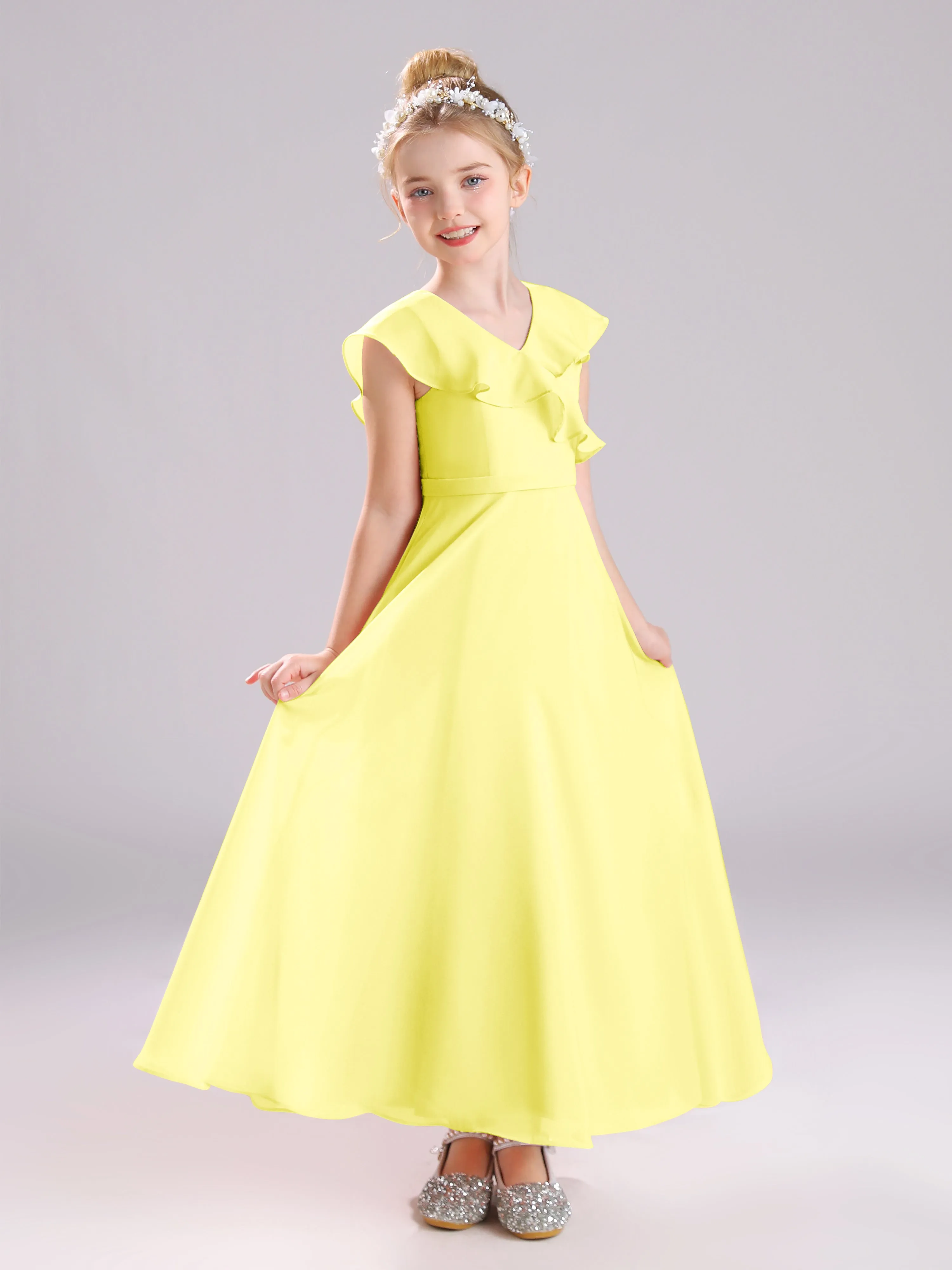 Cap Sleeves V-Neck Open Back Chiffon Junior Bridesmaid Dresses
