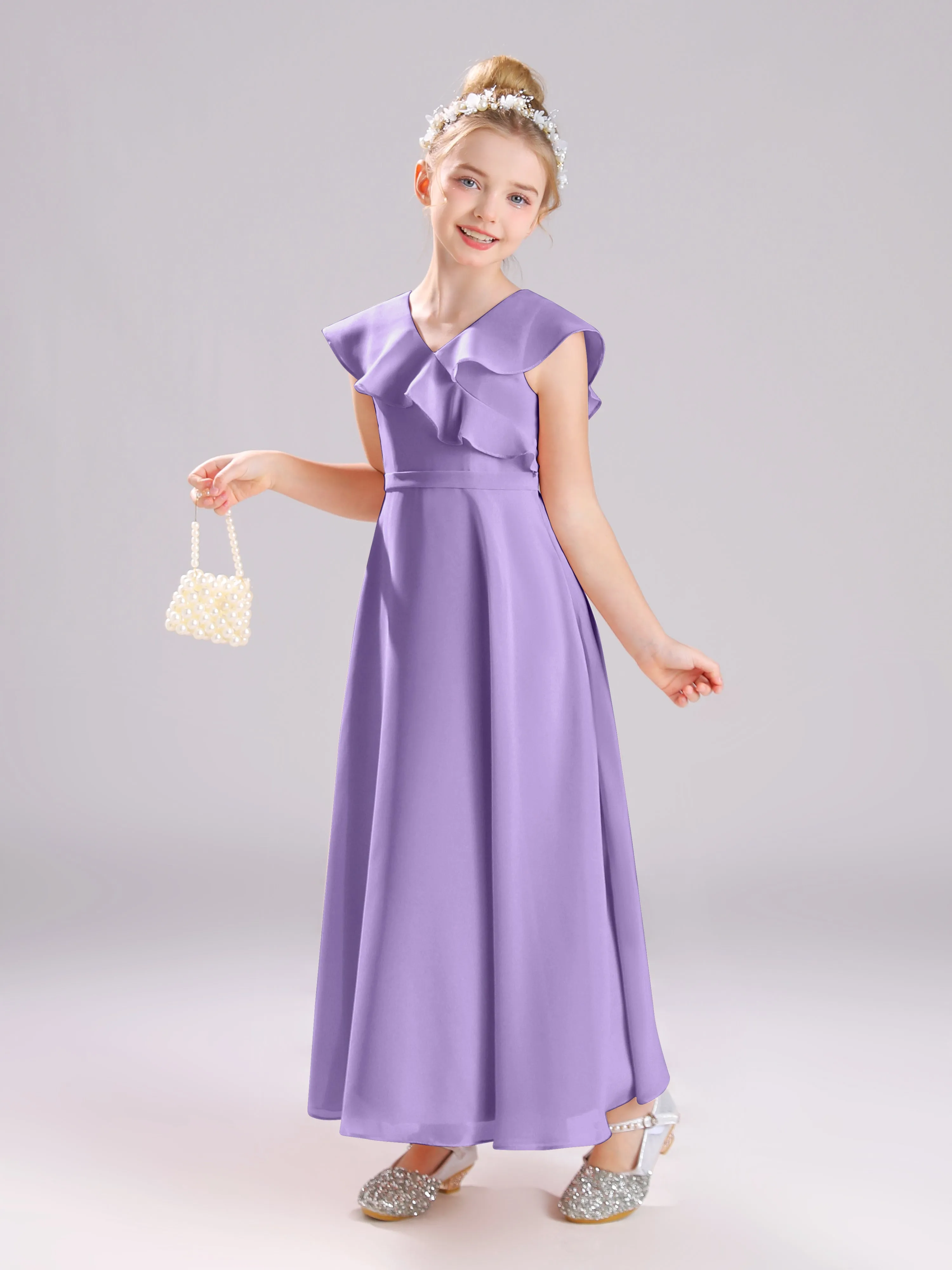 Cap Sleeves V-Neck Open Back Chiffon Junior Bridesmaid Dresses