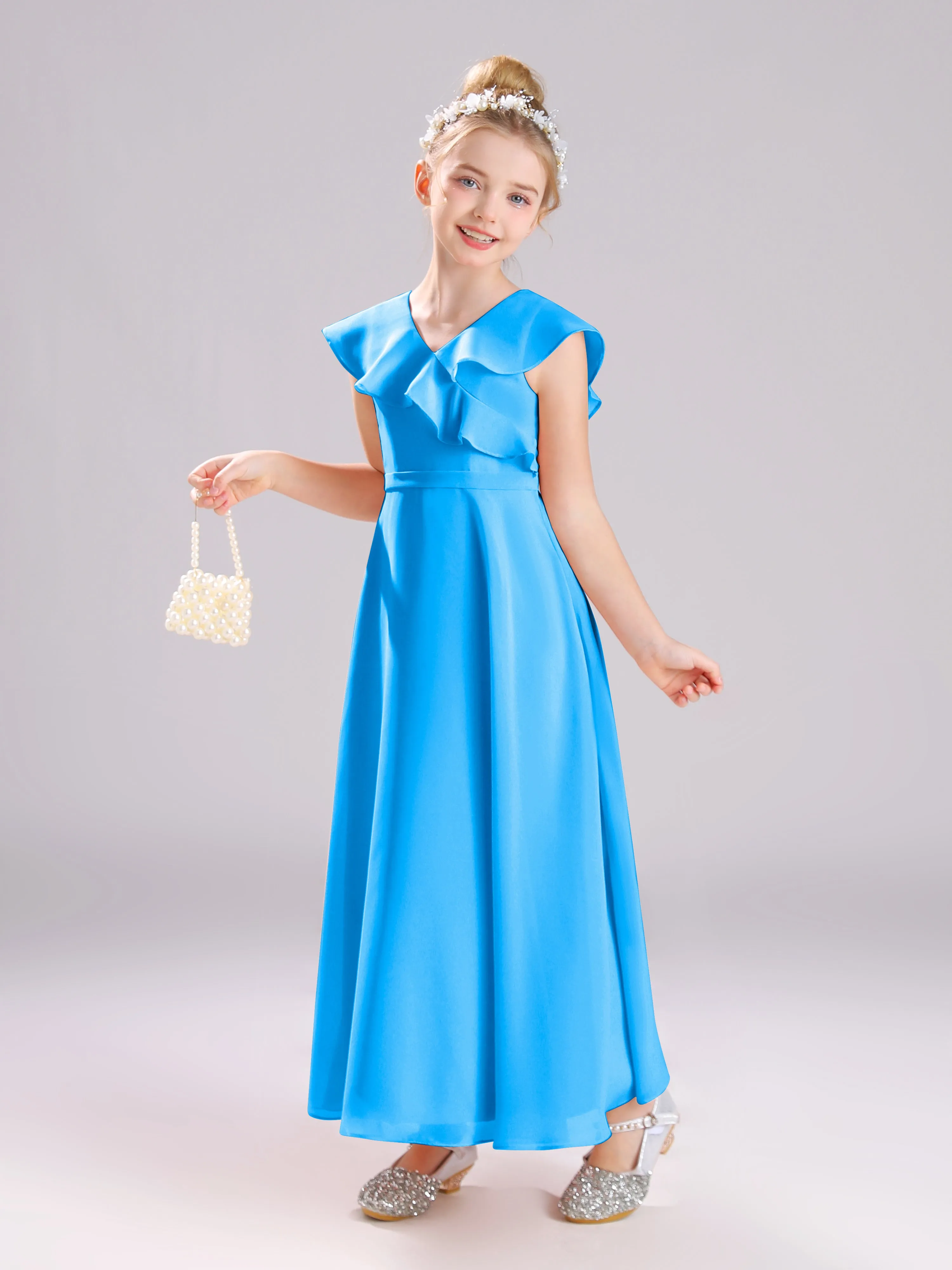 Cap Sleeves V-Neck Open Back Chiffon Junior Bridesmaid Dresses