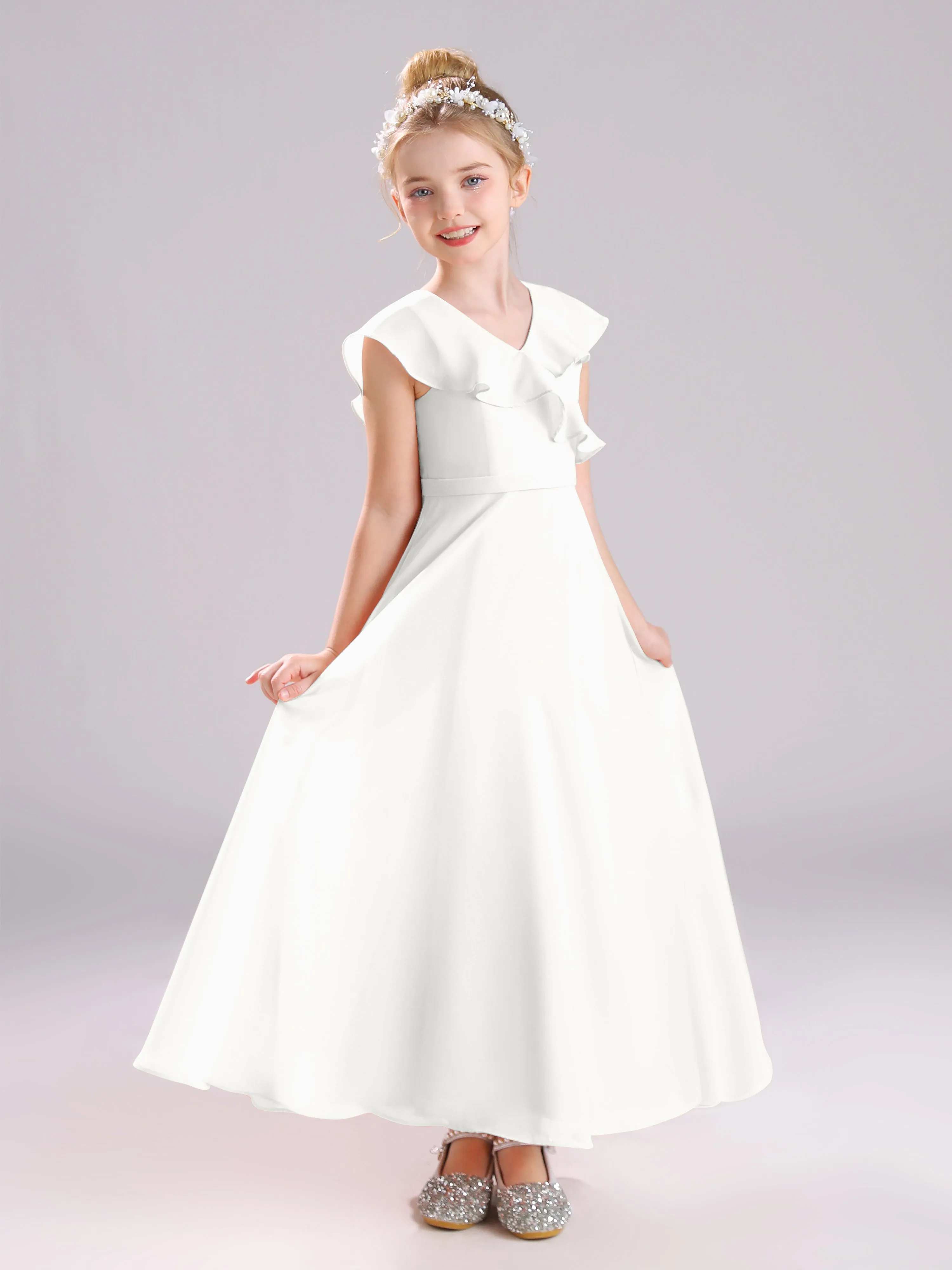Cap Sleeves V-Neck Open Back Chiffon Junior Bridesmaid Dresses