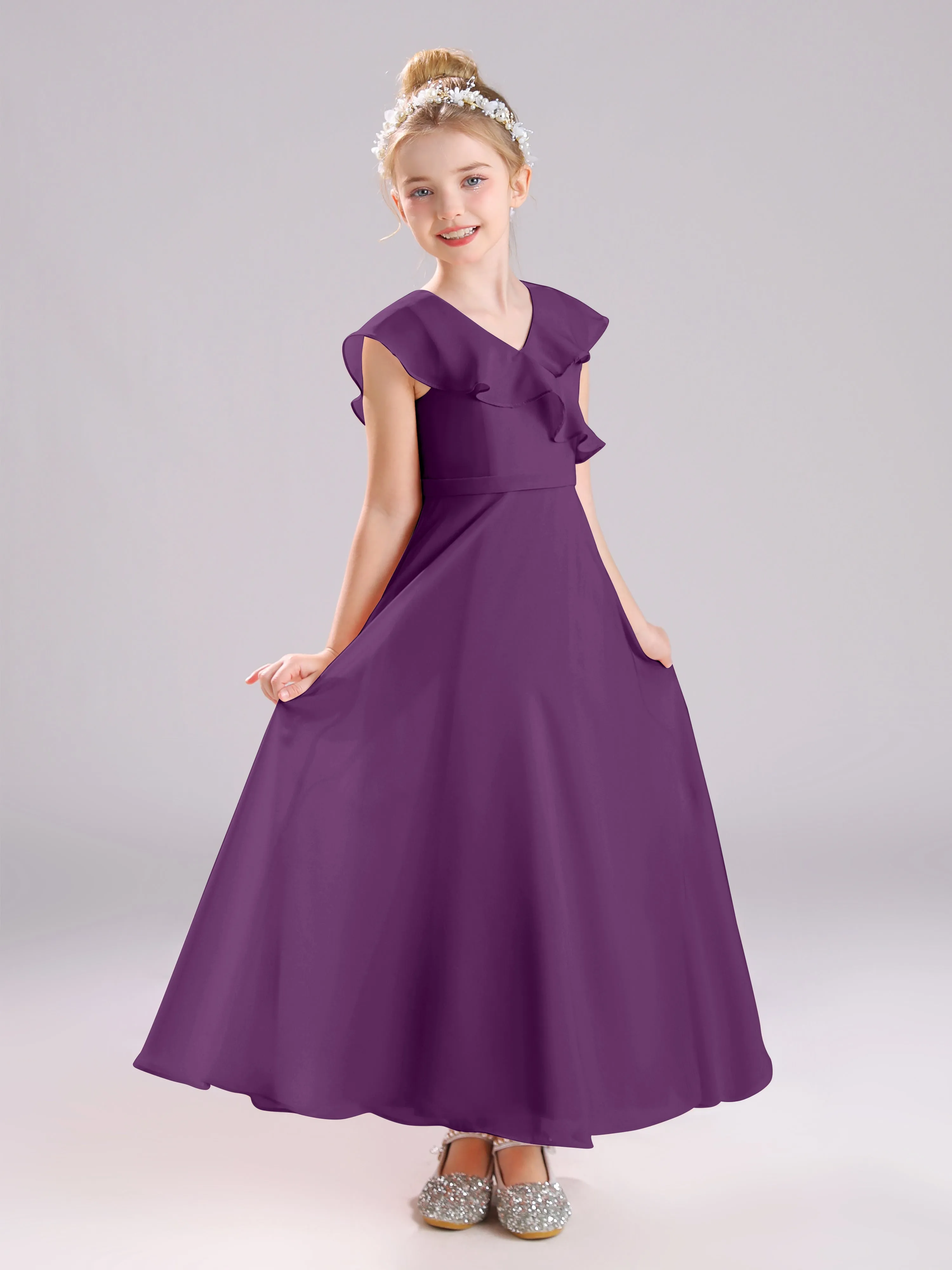 Cap Sleeves V-Neck Open Back Chiffon Junior Bridesmaid Dresses