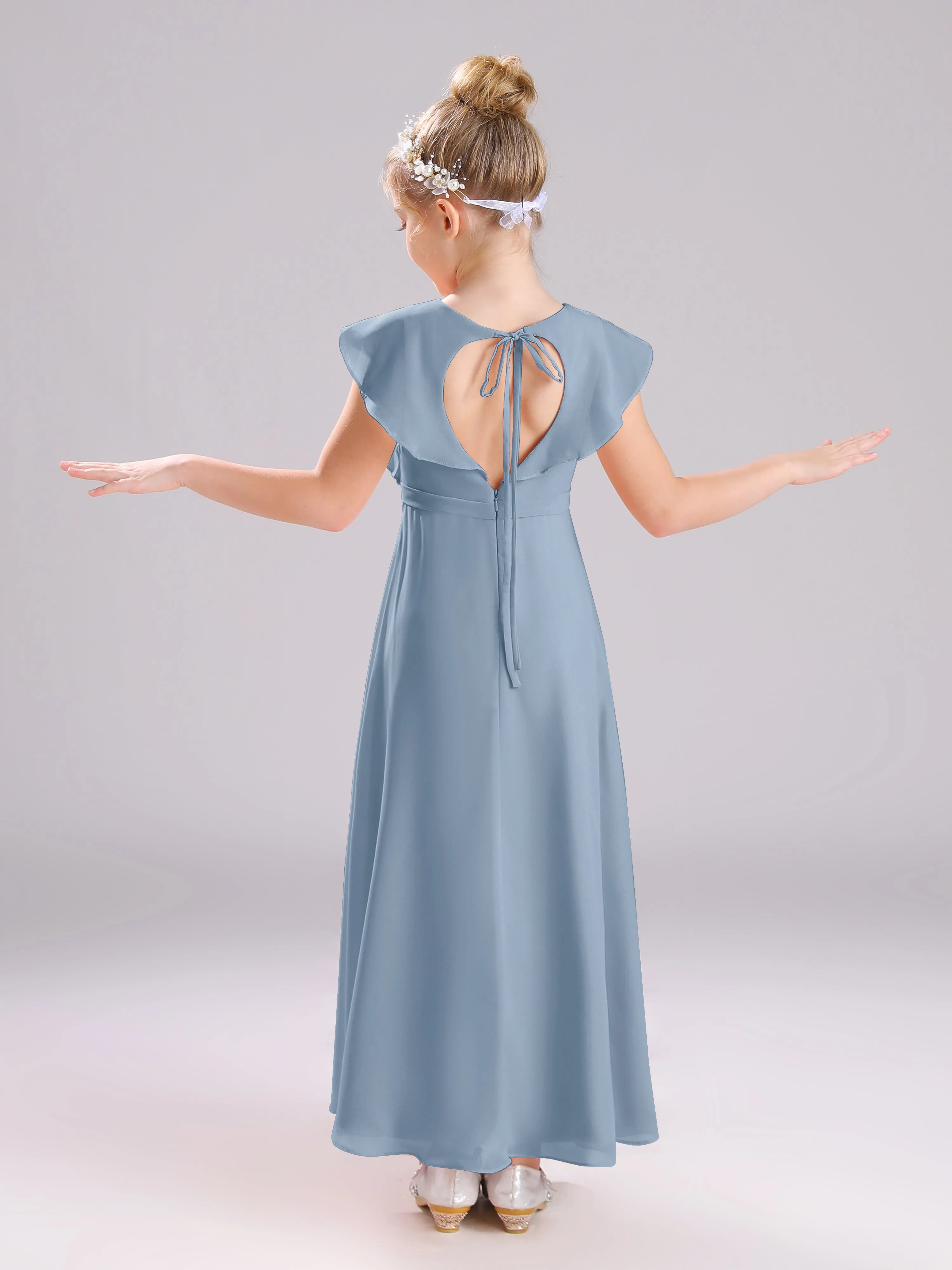 Cap Sleeves V-Neck Open Back Chiffon Junior Bridesmaid Dresses