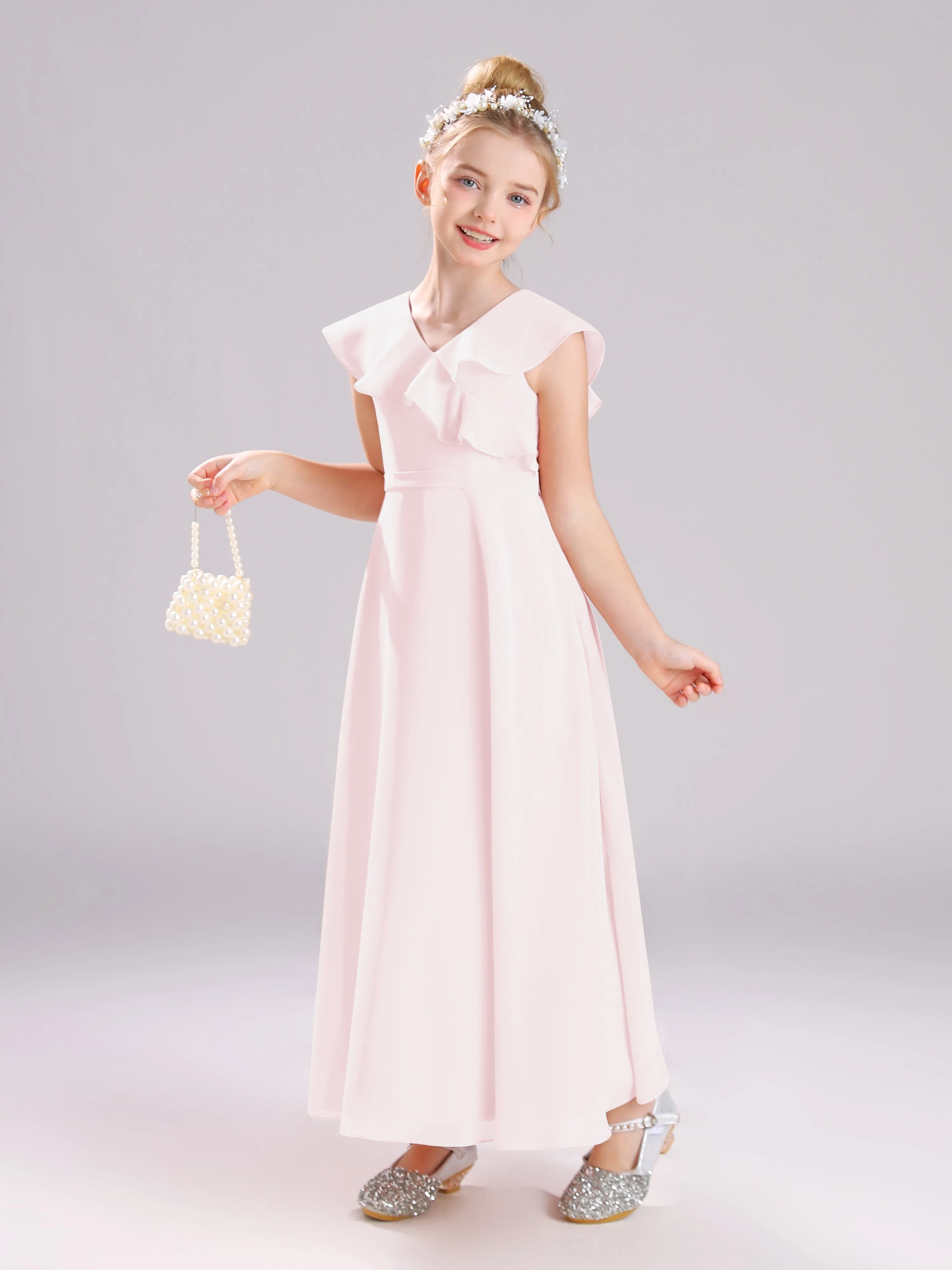 Cap Sleeves V-Neck Open Back Chiffon Junior Bridesmaid Dresses