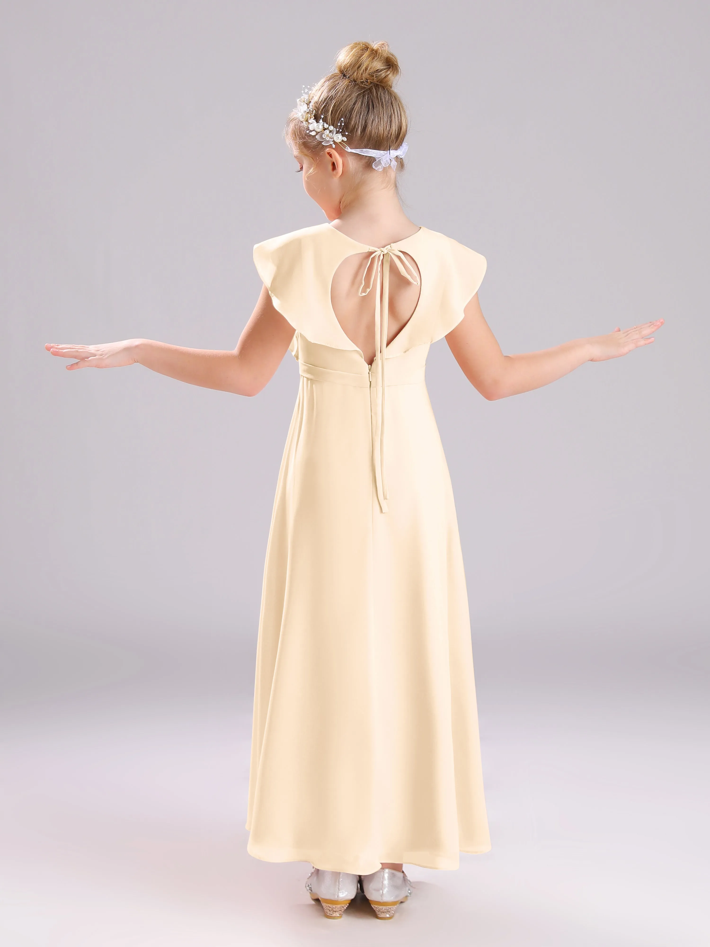Cap Sleeves V-Neck Open Back Chiffon Junior Bridesmaid Dresses