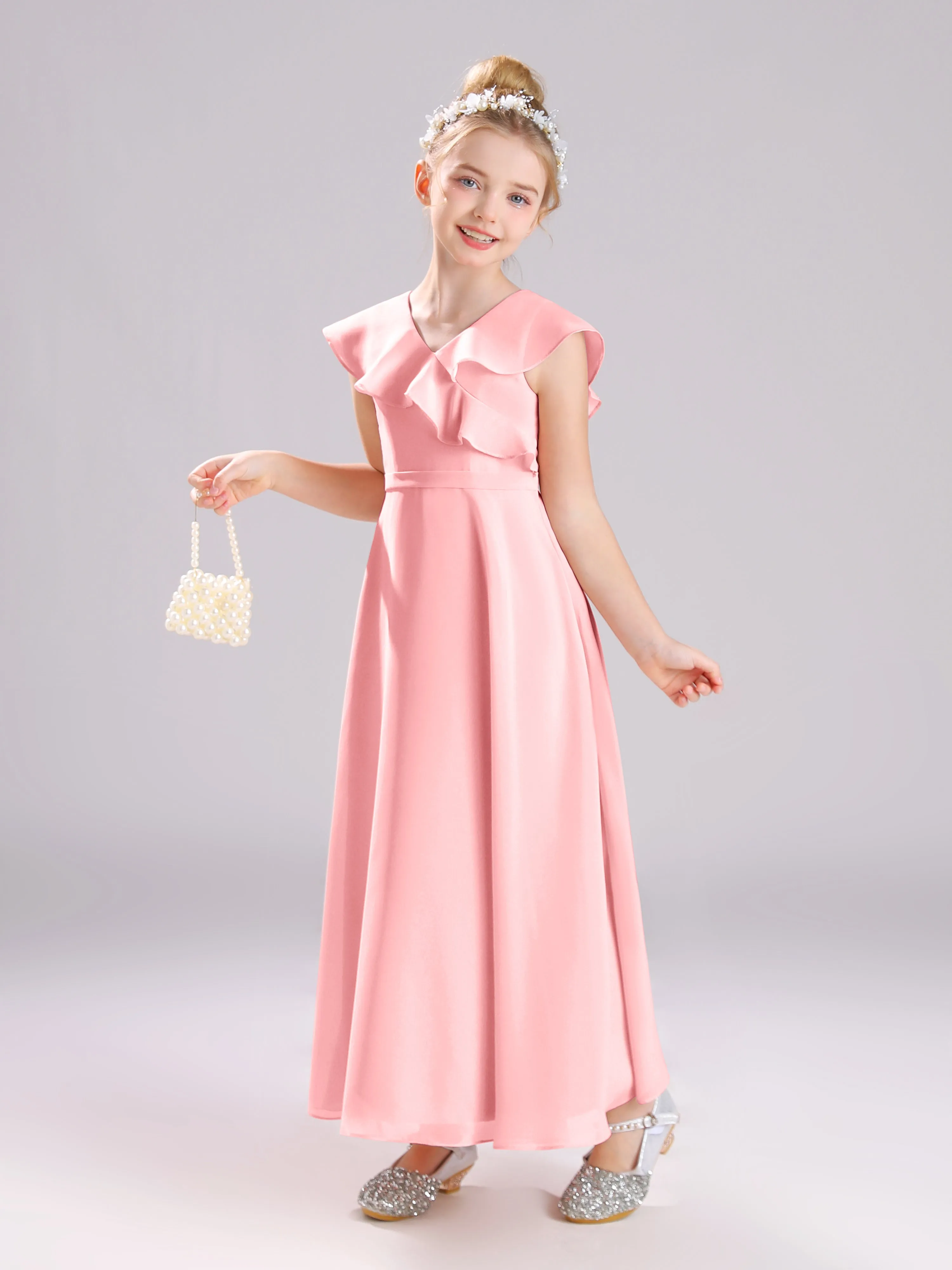 Cap Sleeves V-Neck Open Back Chiffon Junior Bridesmaid Dresses