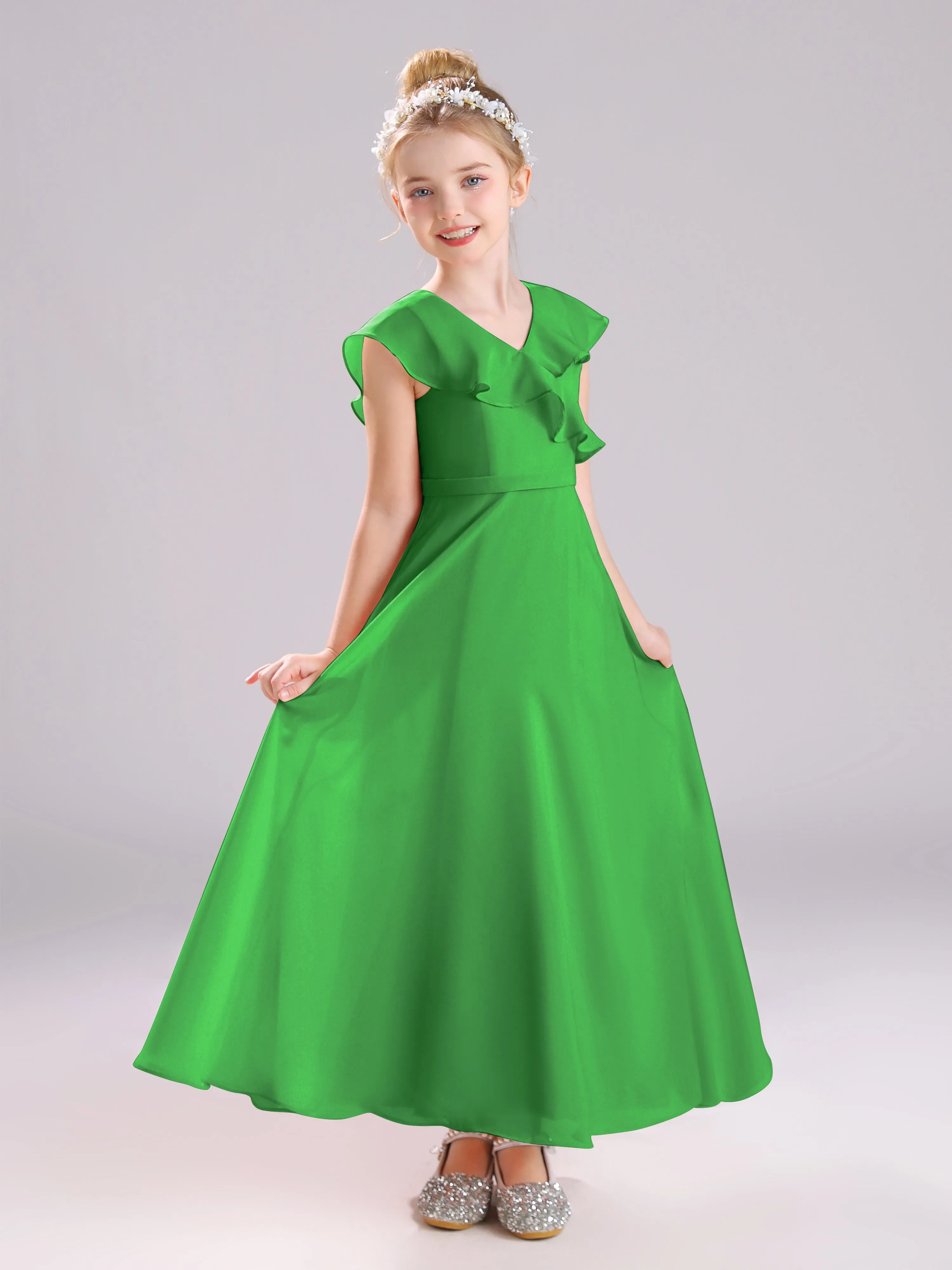Cap Sleeves V-Neck Open Back Chiffon Junior Bridesmaid Dresses