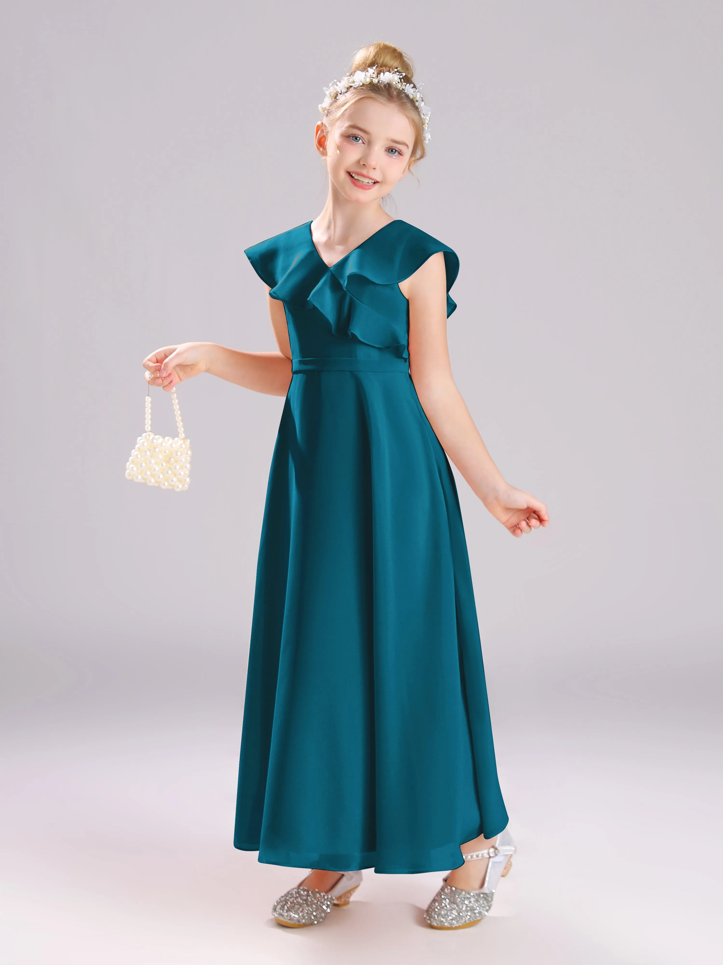 Cap Sleeves V-Neck Open Back Chiffon Junior Bridesmaid Dresses