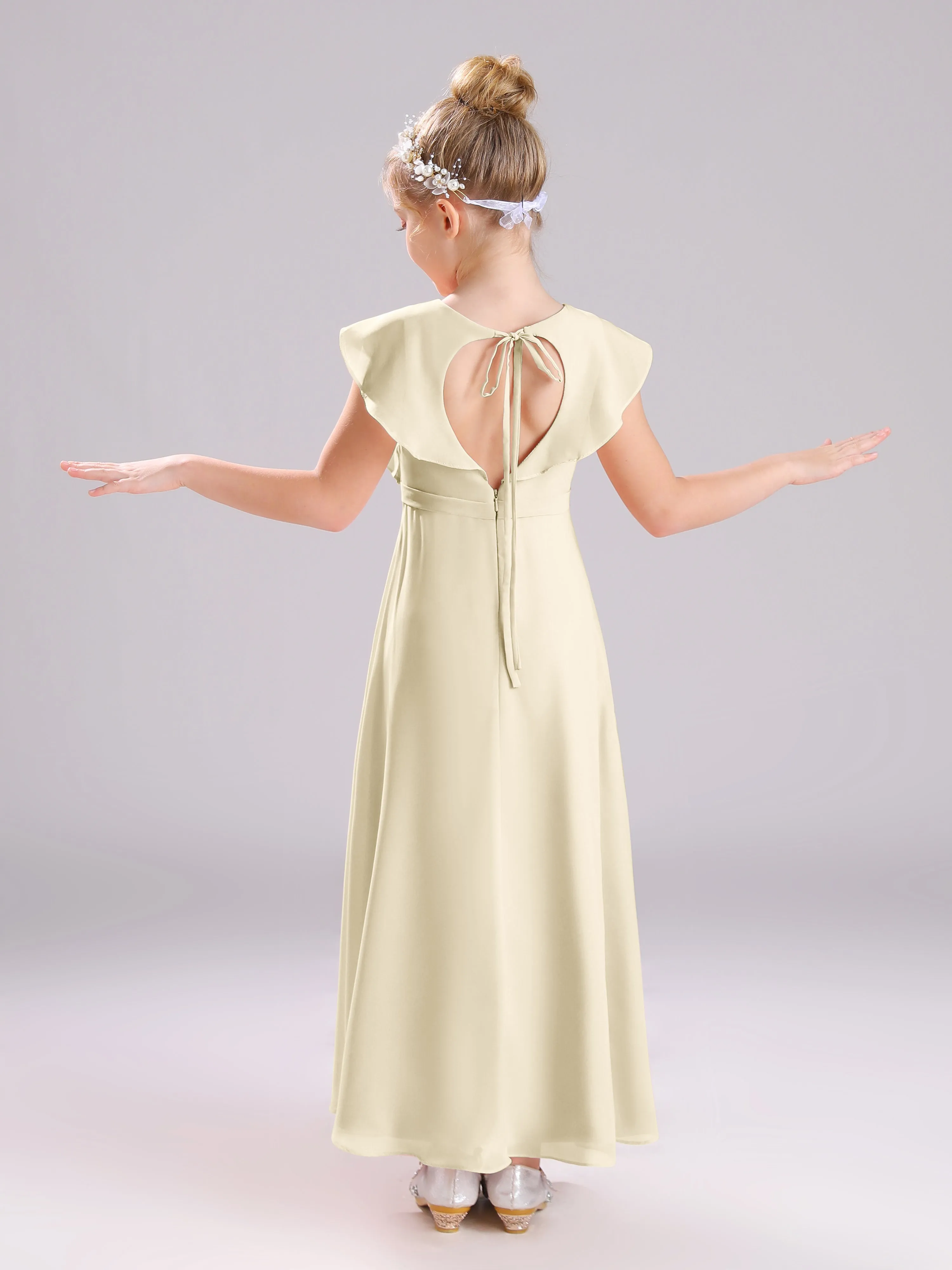 Cap Sleeves V-Neck Open Back Chiffon Junior Bridesmaid Dresses