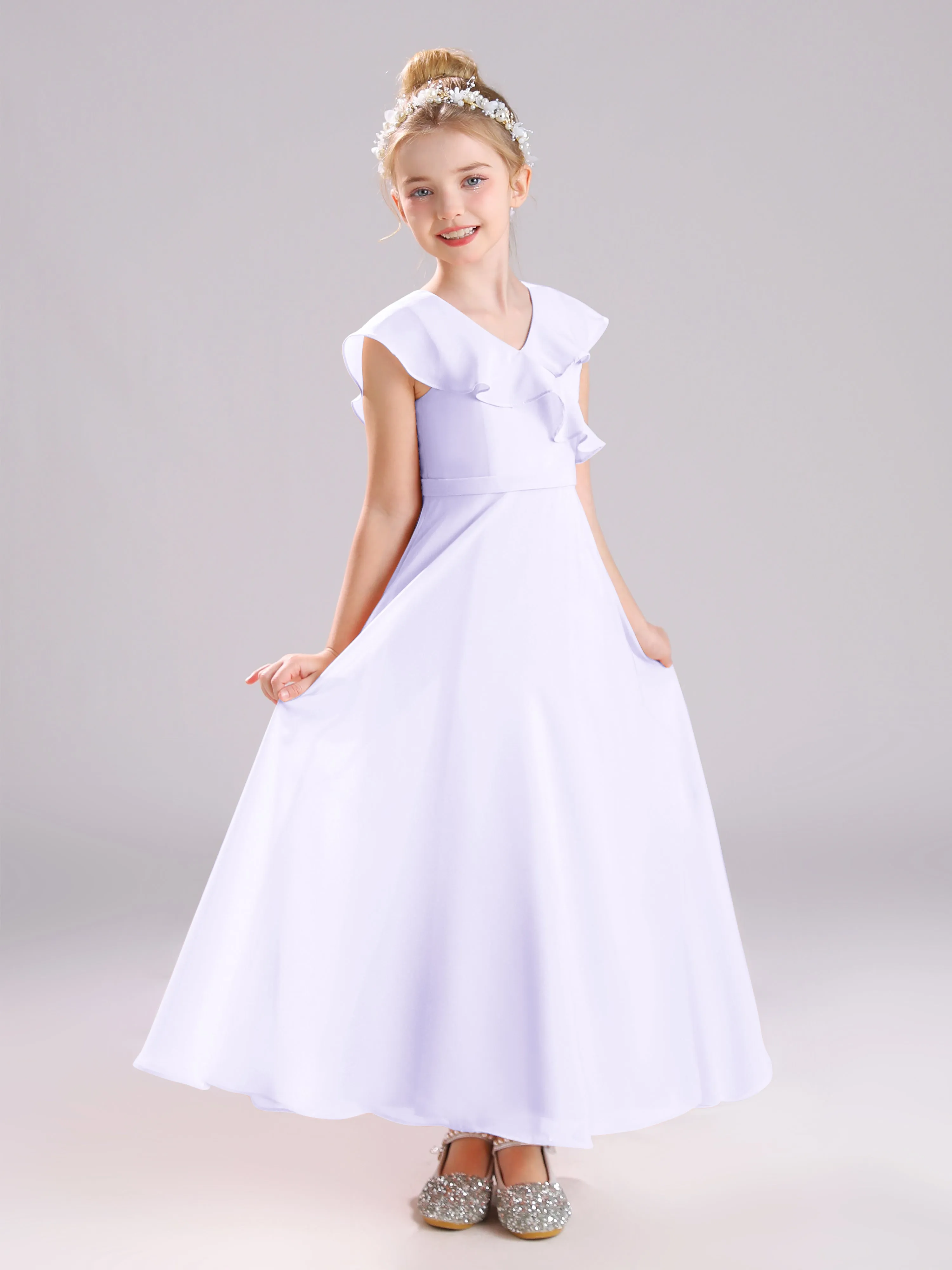 Cap Sleeves V-Neck Open Back Chiffon Junior Bridesmaid Dresses