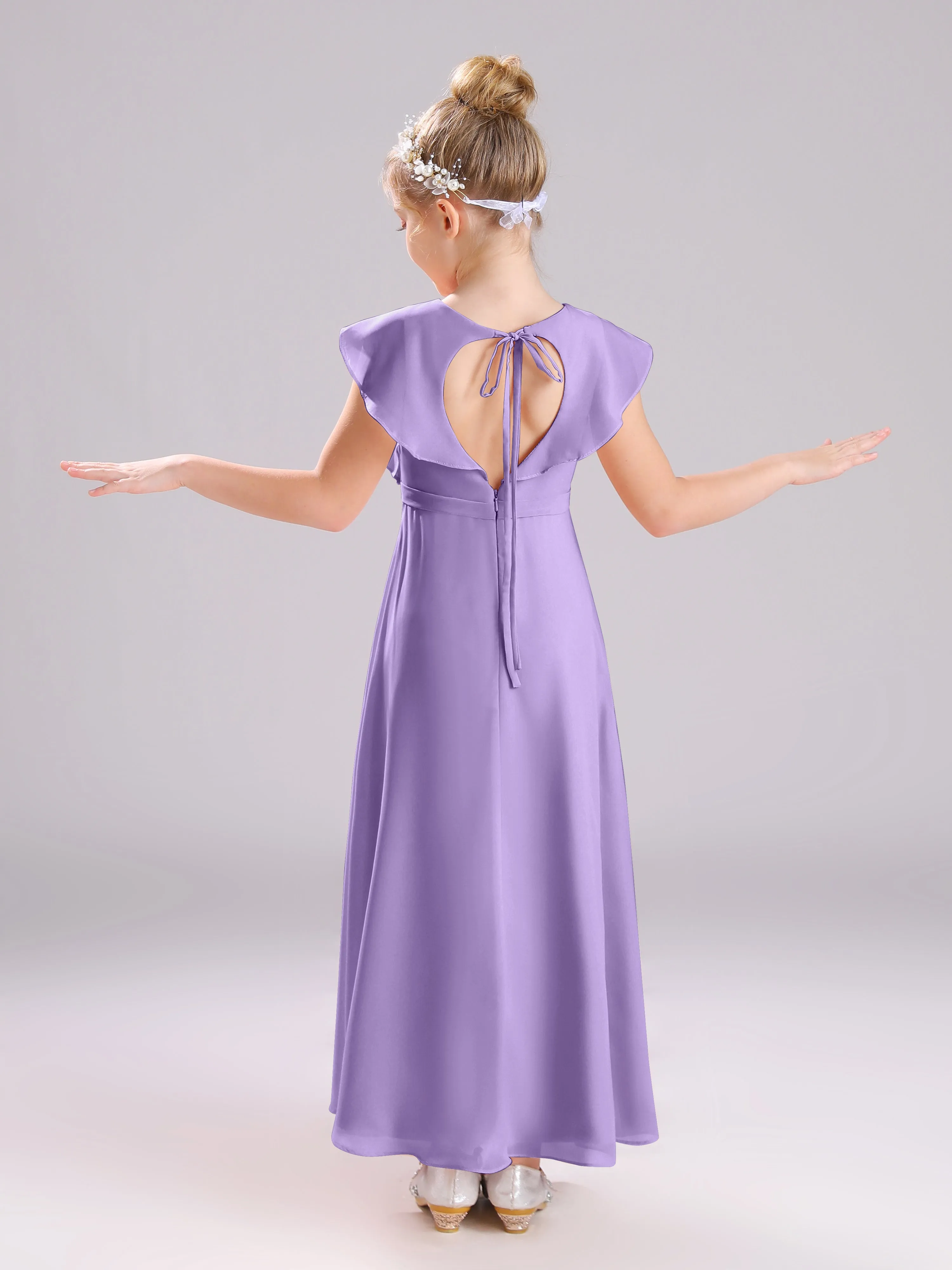 Cap Sleeves V-Neck Open Back Chiffon Junior Bridesmaid Dresses