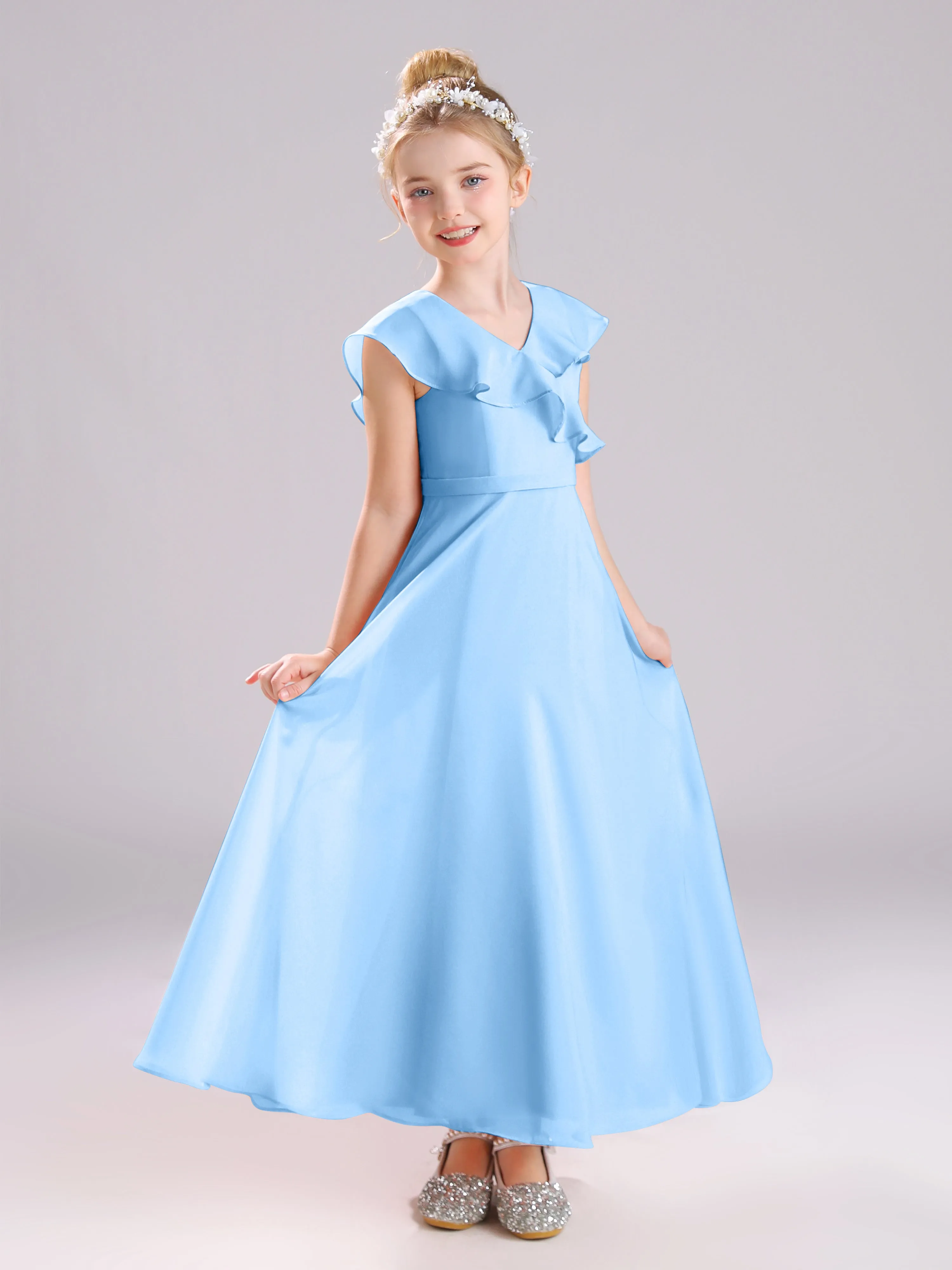 Cap Sleeves V-Neck Open Back Chiffon Junior Bridesmaid Dresses