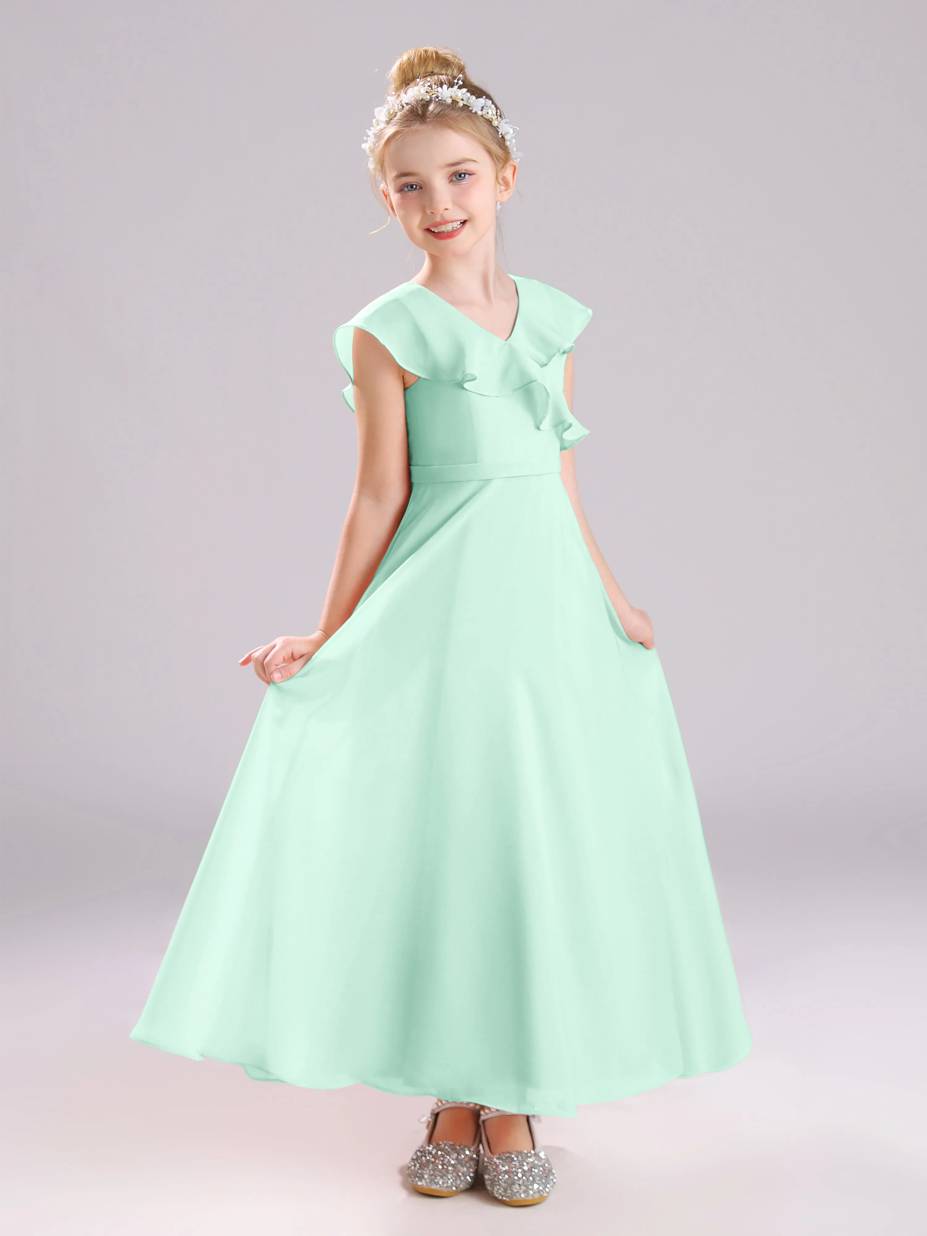 Cap Sleeves V-Neck Open Back Chiffon Junior Bridesmaid Dresses