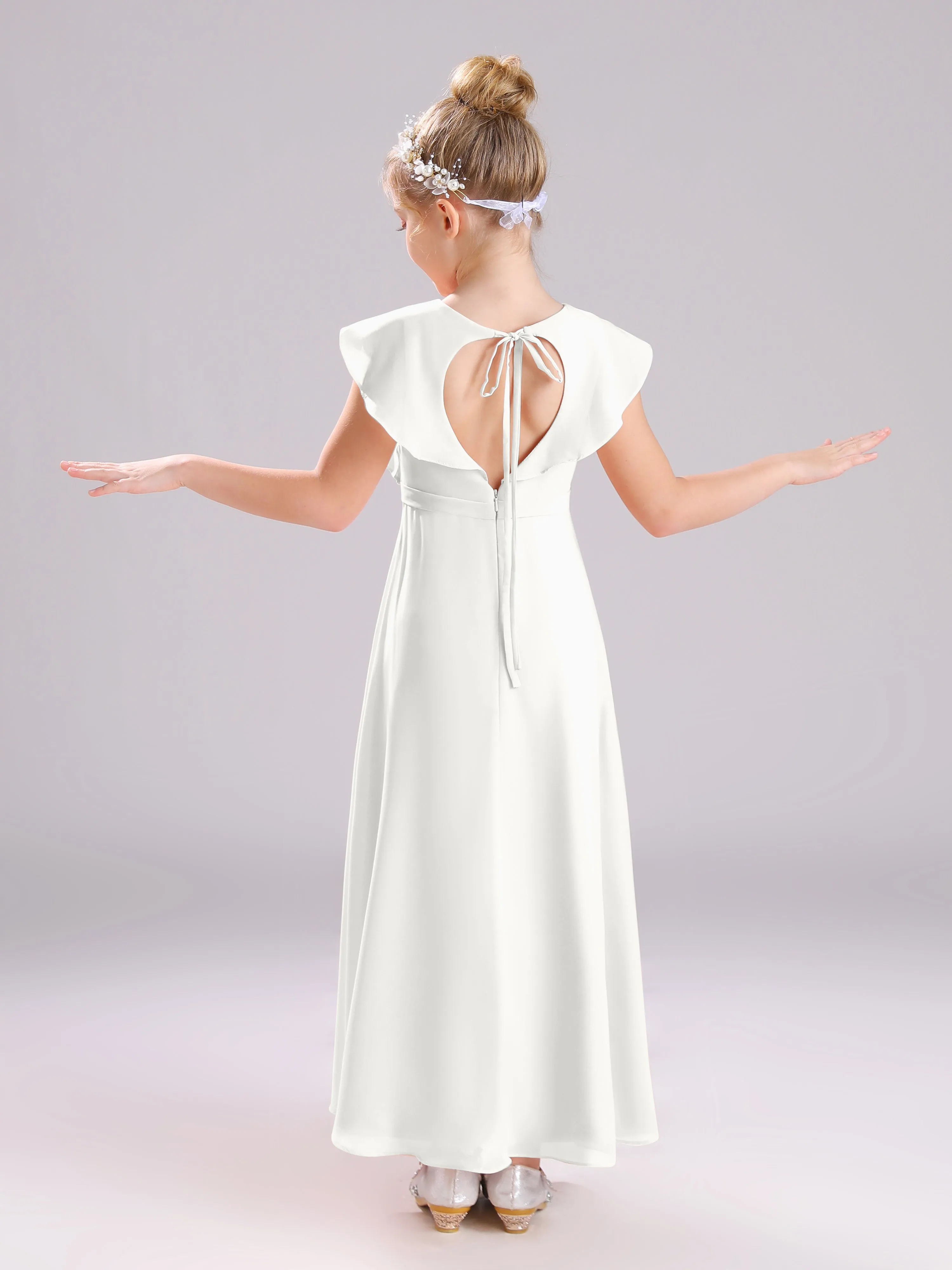 Cap Sleeves V-Neck Open Back Chiffon Junior Bridesmaid Dresses