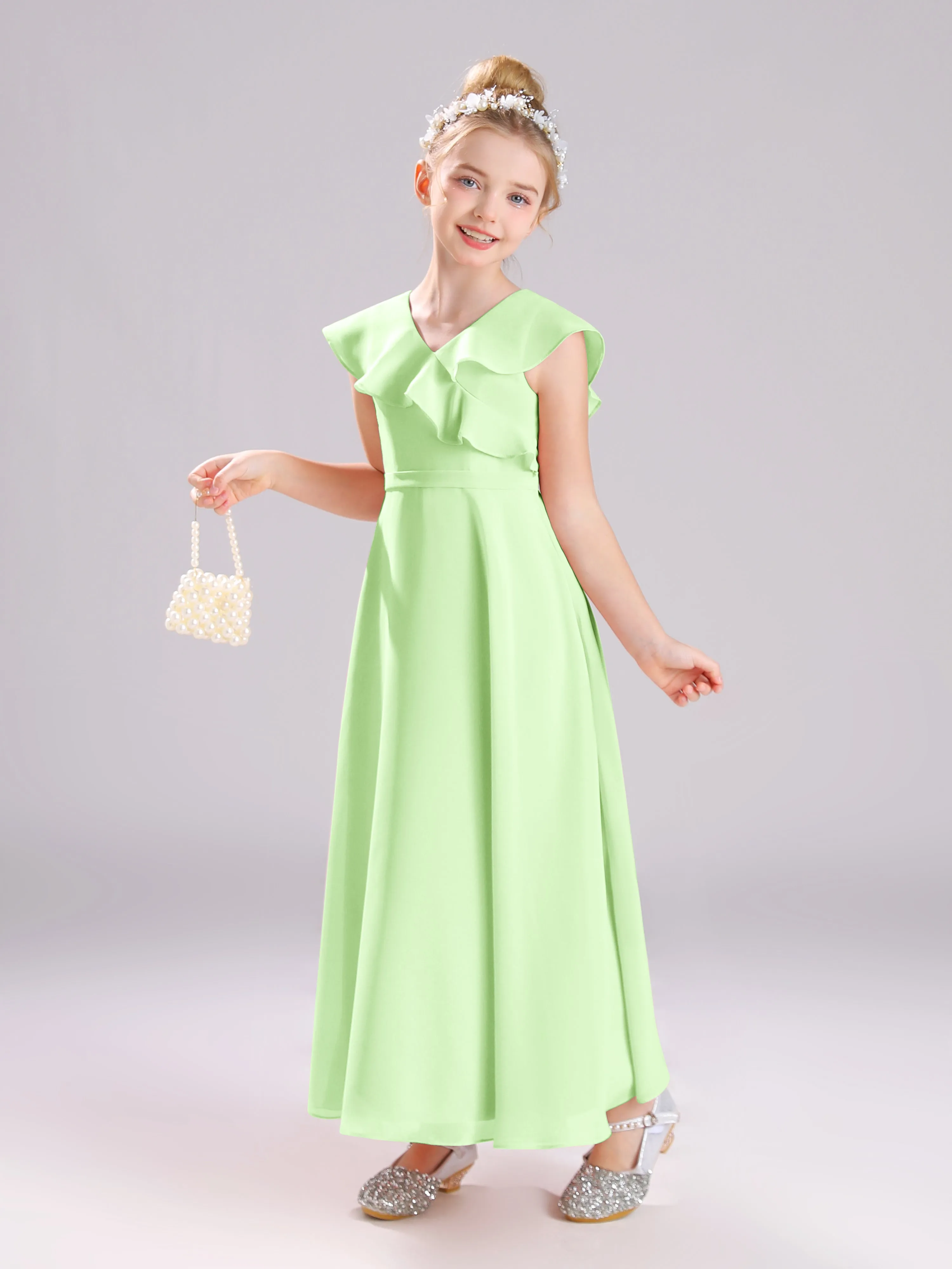 Cap Sleeves V-Neck Open Back Chiffon Junior Bridesmaid Dresses