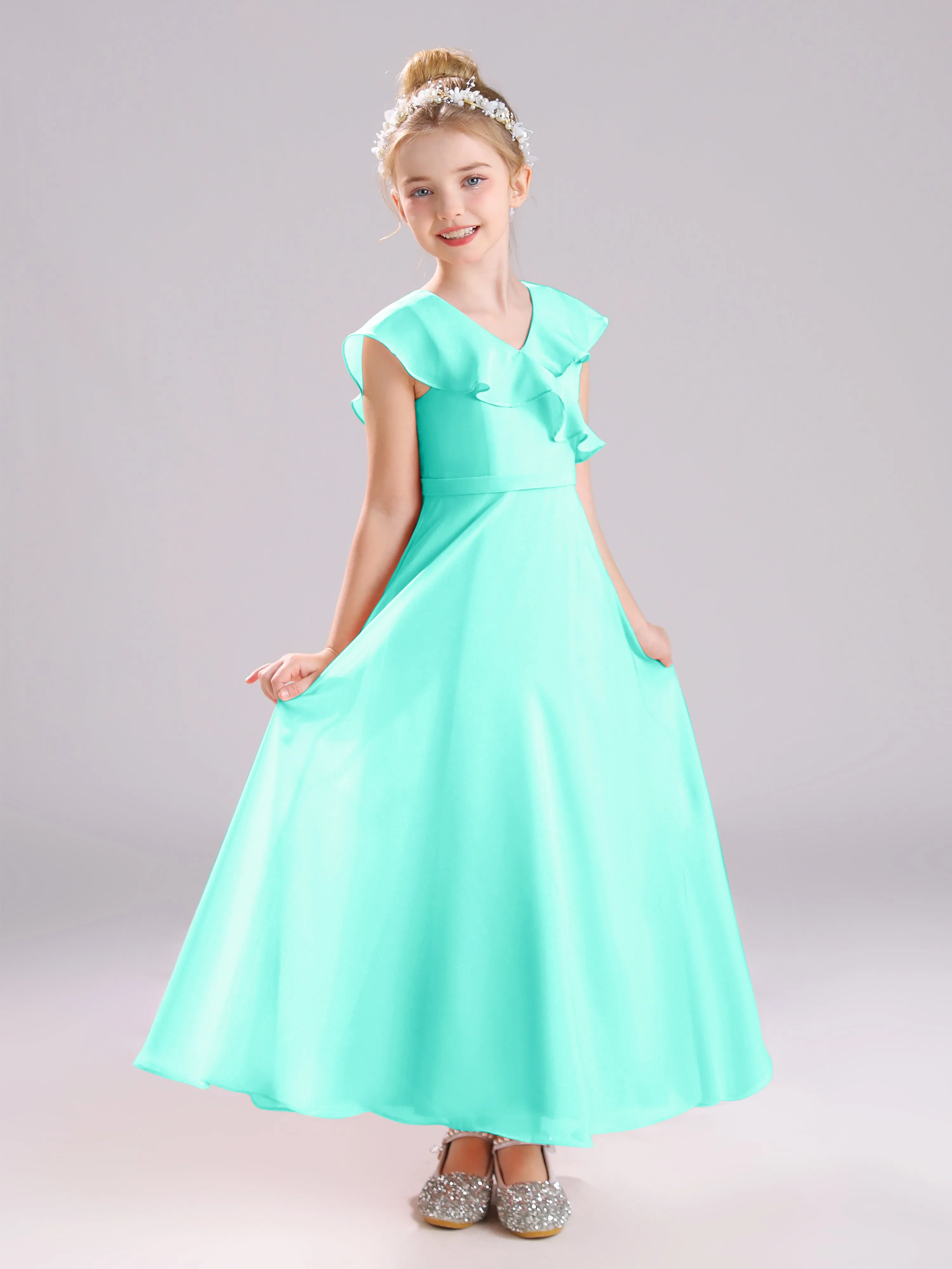 Cap Sleeves V-Neck Open Back Chiffon Junior Bridesmaid Dresses