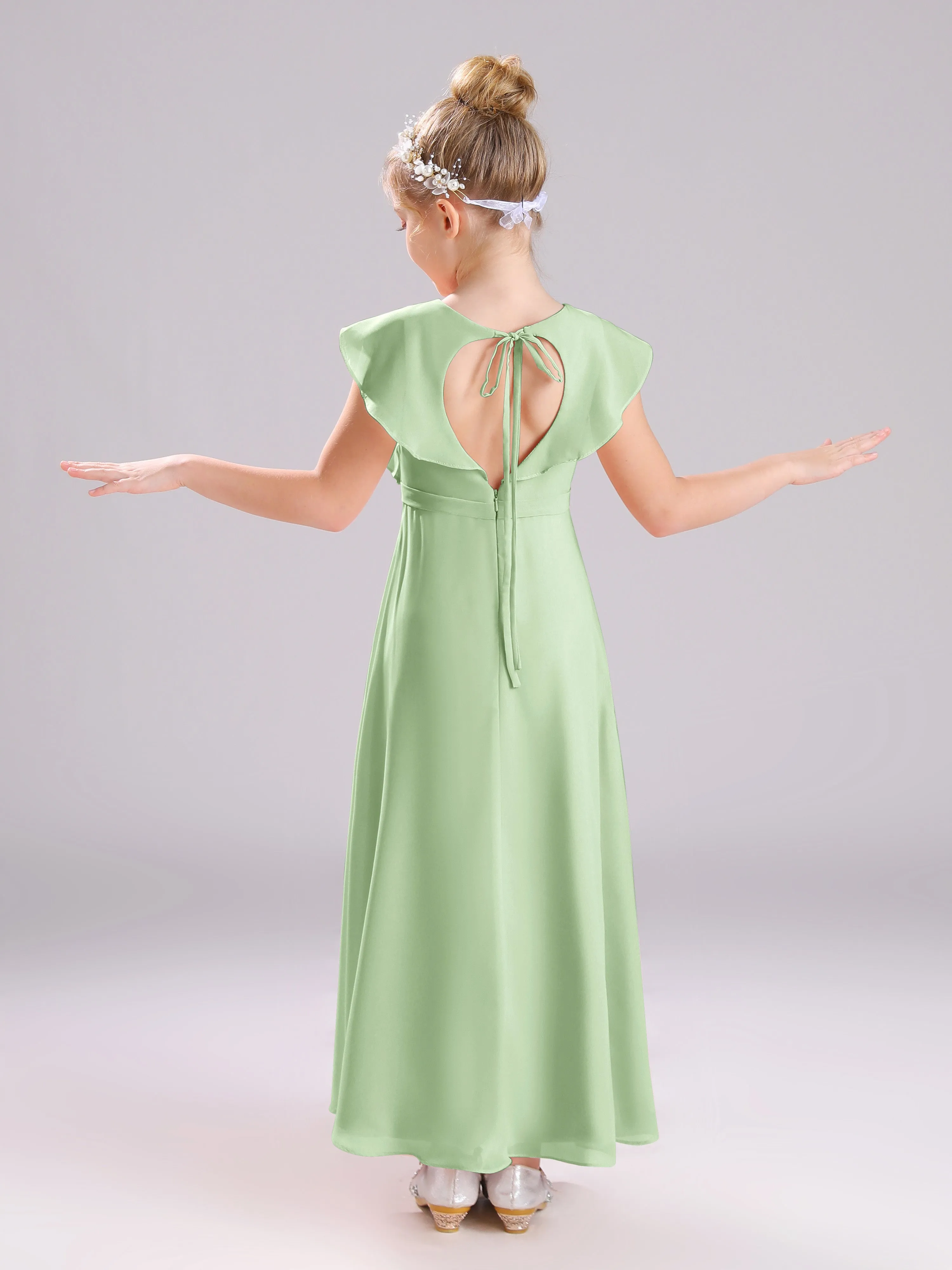Cap Sleeves V-Neck Open Back Chiffon Junior Bridesmaid Dresses
