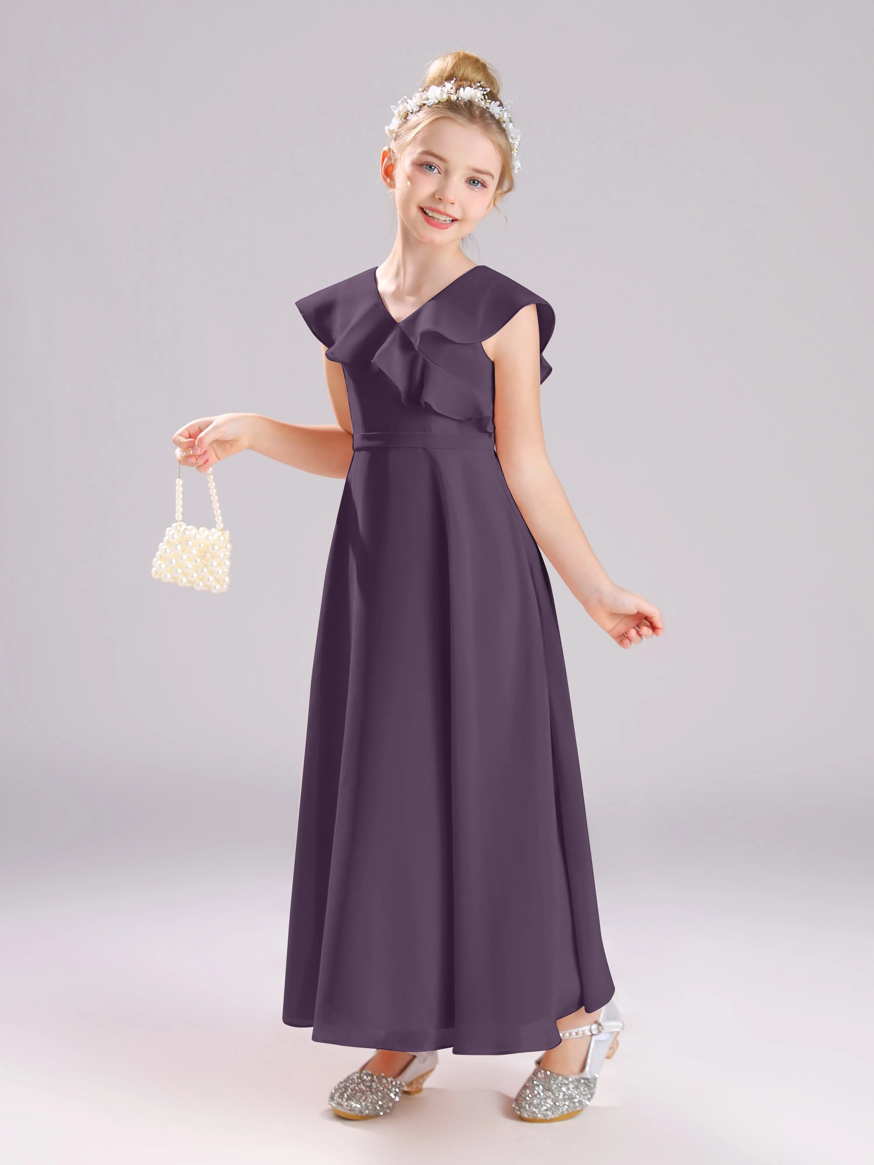 Cap Sleeves V-Neck Open Back Chiffon Junior Bridesmaid Dresses