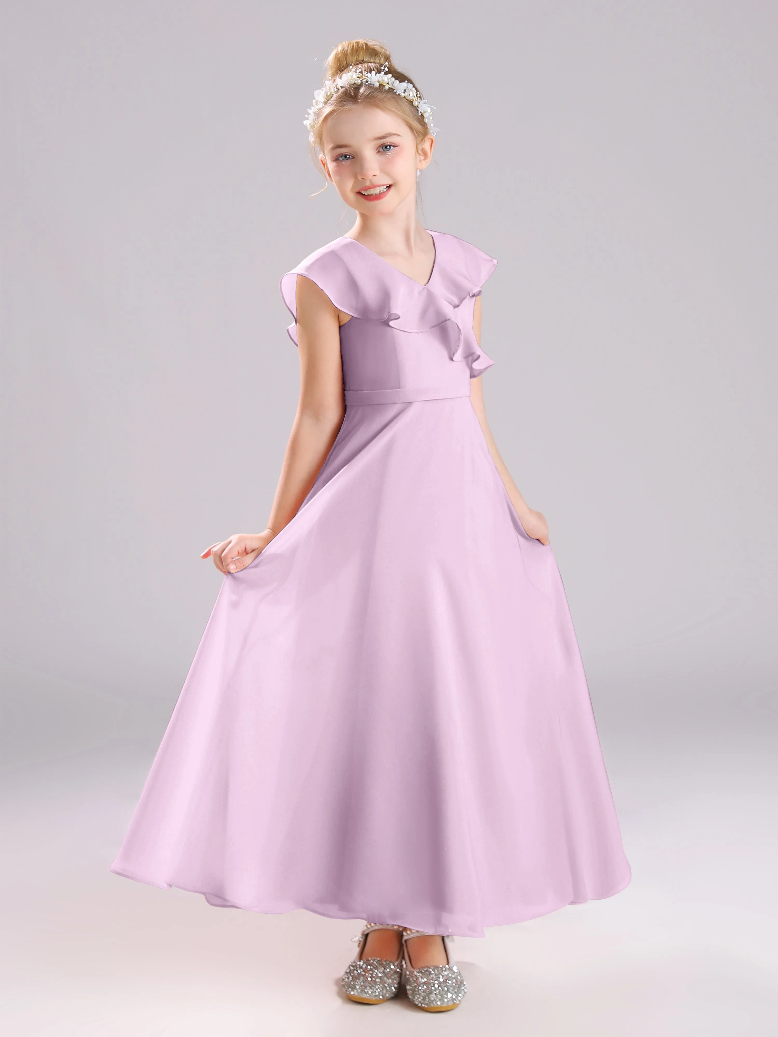 Cap Sleeves V-Neck Open Back Chiffon Junior Bridesmaid Dresses