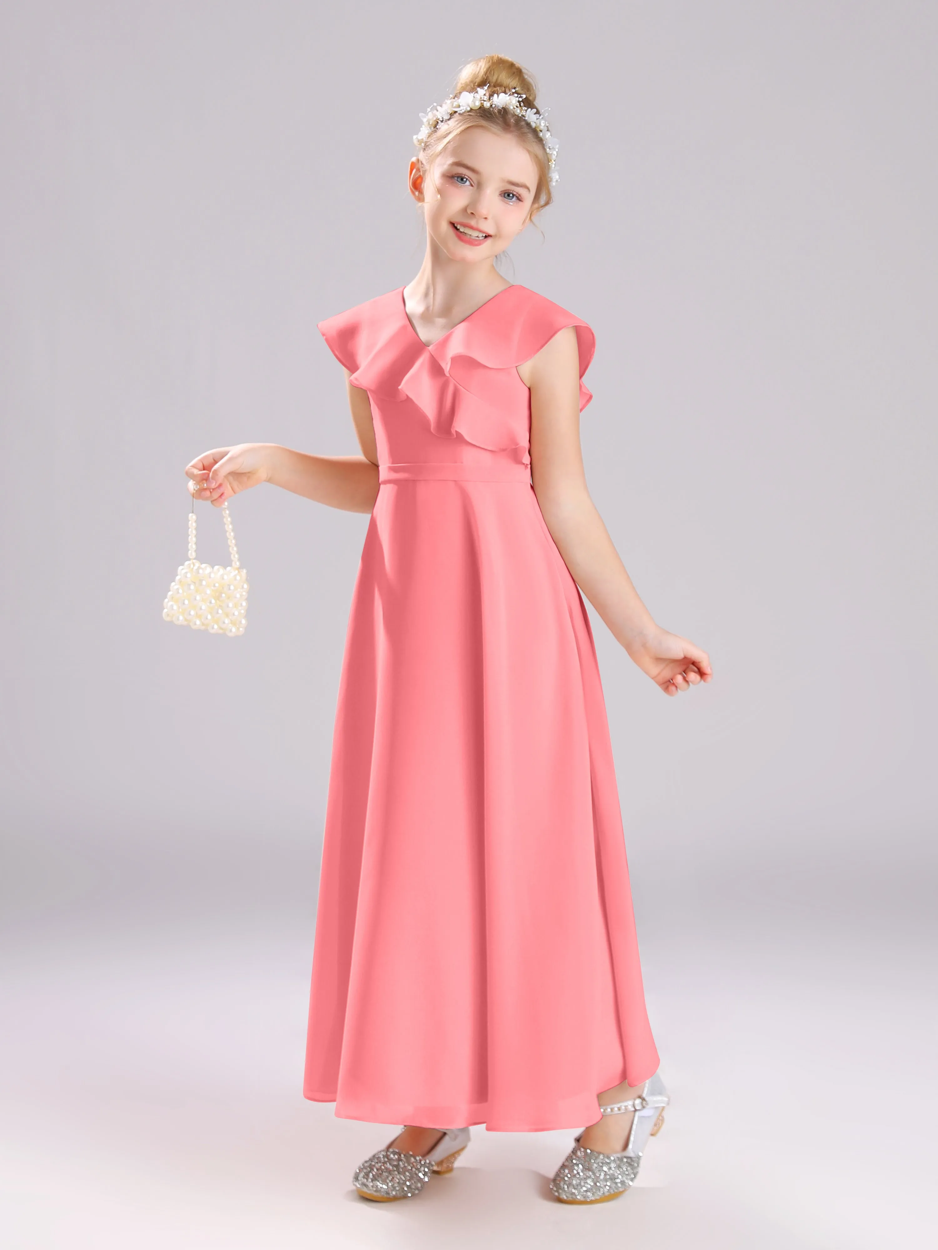 Cap Sleeves V-Neck Open Back Chiffon Junior Bridesmaid Dresses