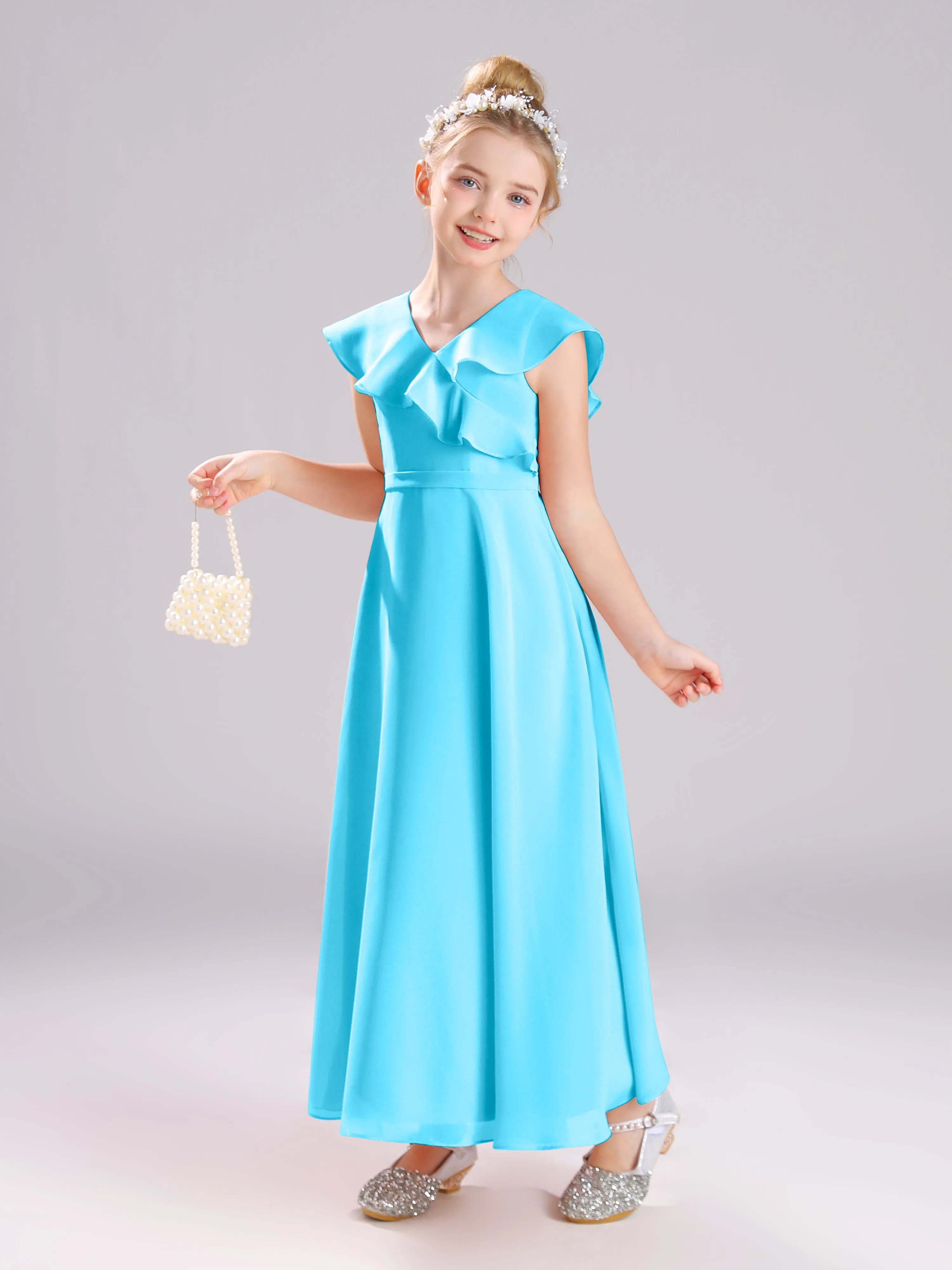 Cap Sleeves V-Neck Open Back Chiffon Junior Bridesmaid Dresses