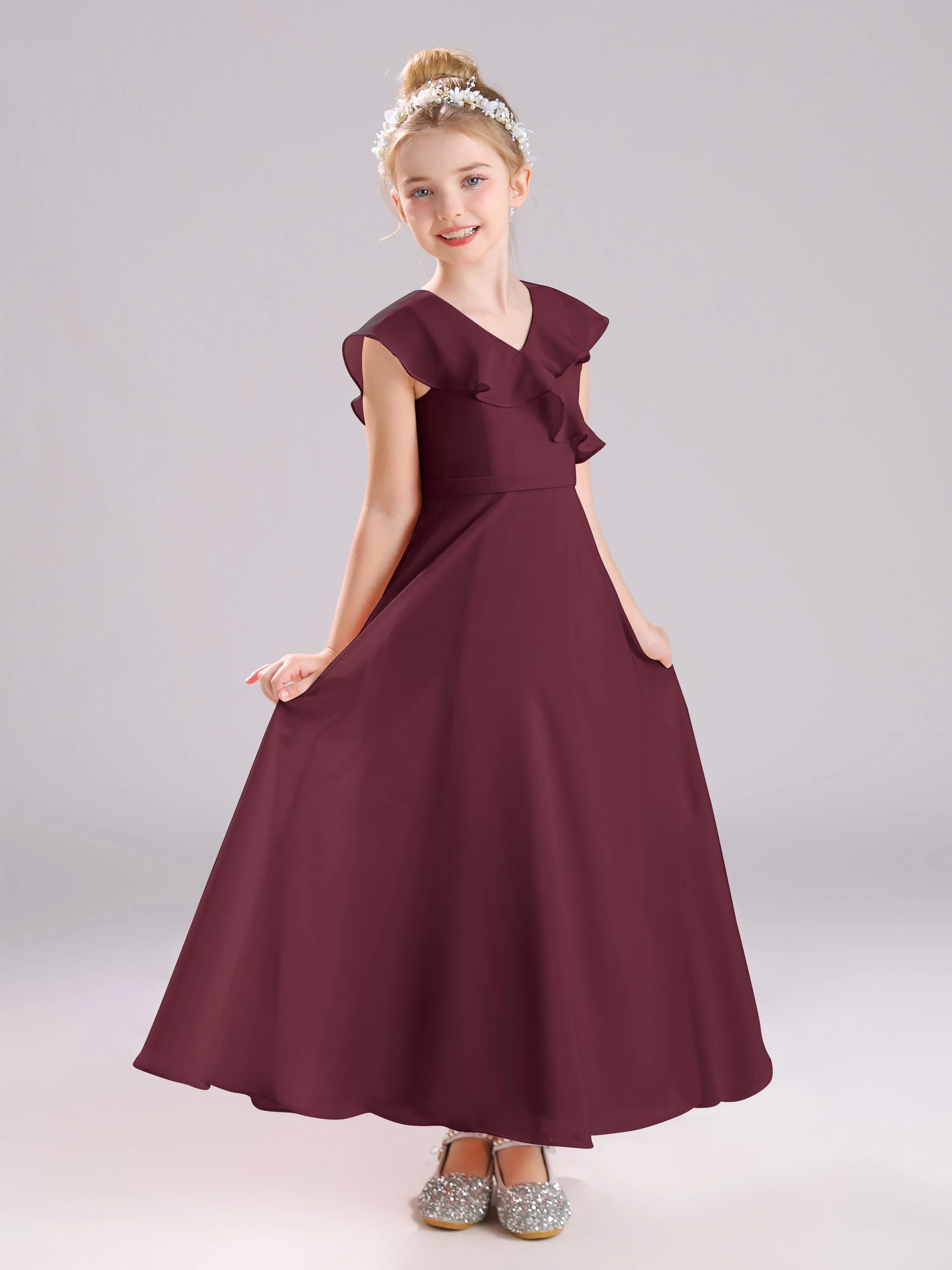 Cap Sleeves V-Neck Open Back Chiffon Junior Bridesmaid Dresses